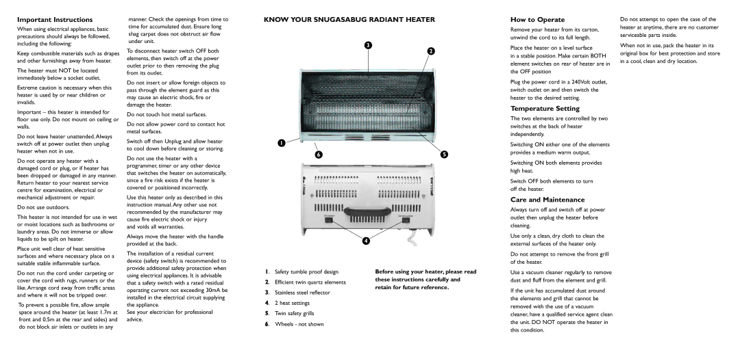 Kambrook KRH100 warranty Important Instructions, How to Operate, Temperature Setting, Care and Maintenance 