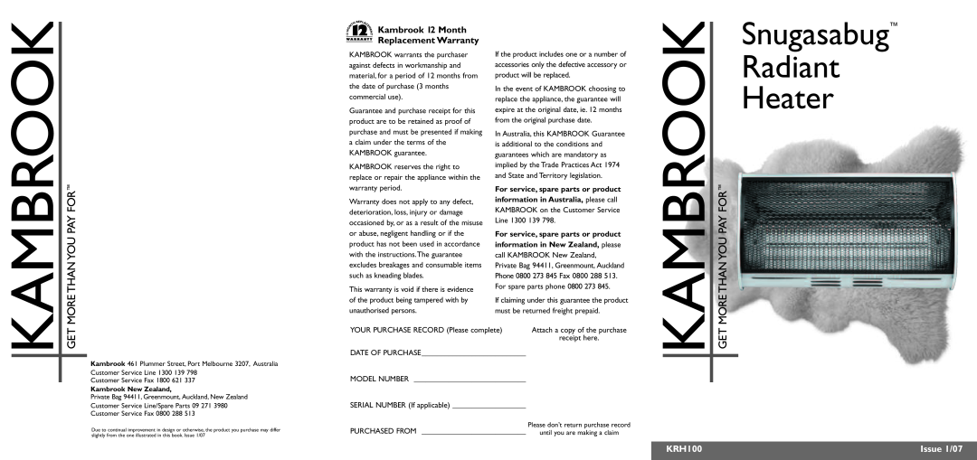 Kambrook KRH100 warranty Kambrook 12 Month Replacement Warranty, For service, spare parts or product, Snugasabug 