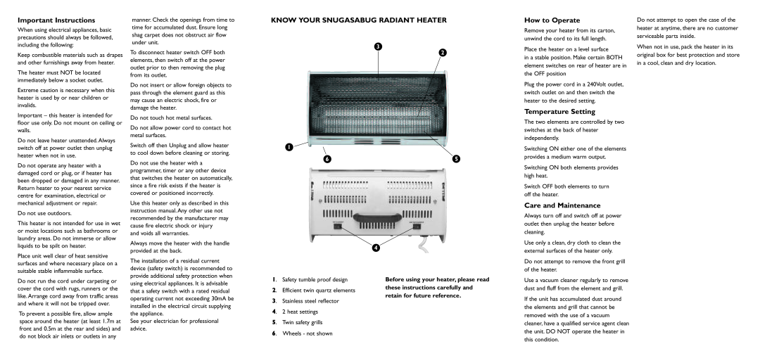 Kambrook KRH100 warranty Important Instructions, Know Your Snugasabug Radiant Heater, How to Operate, Temperature Setting 