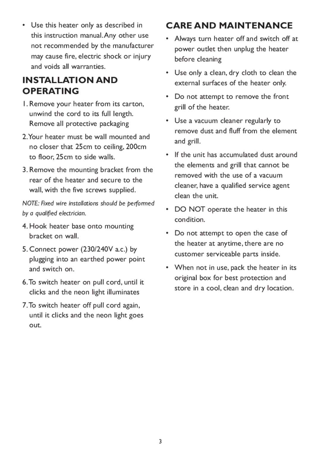 Kambrook KRH110 manual Installation Operating, Care and Maintenance 