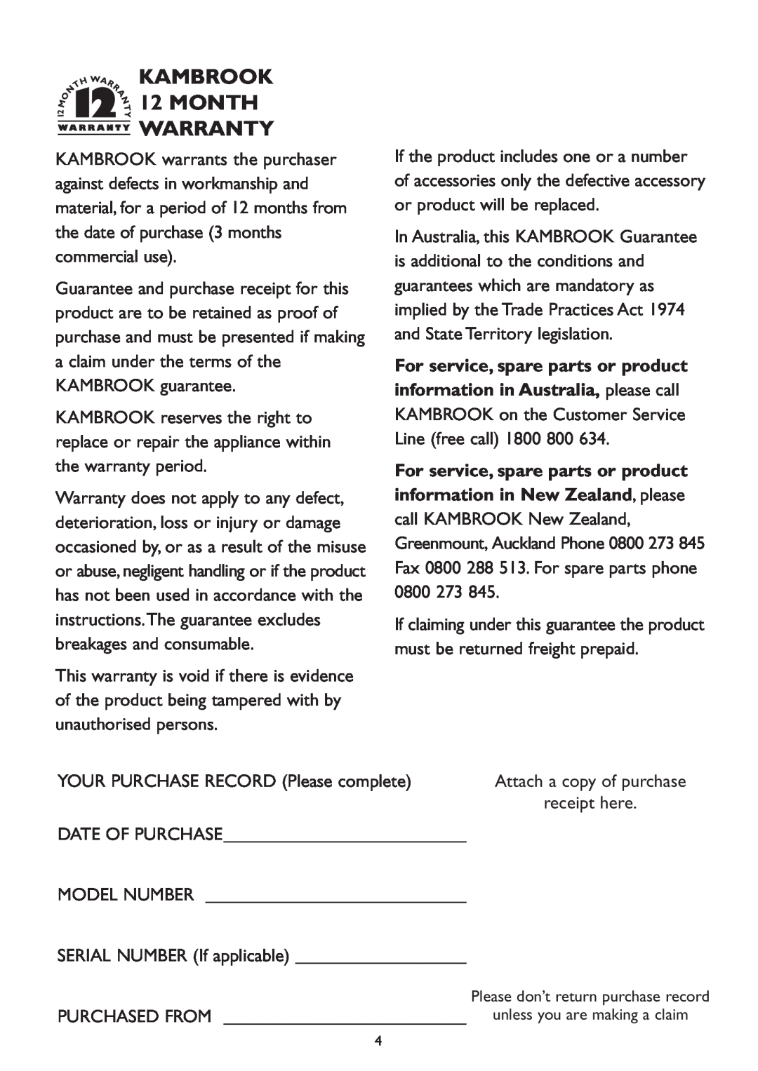 Kambrook KRH110 manual KAMBROOK 12 MONTH WARRANTY 