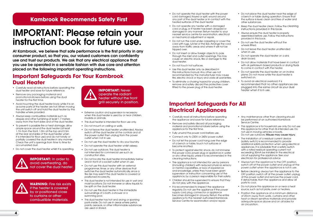 Kambrook KRH300 Important Safeguards For Your Kambrook Dual Heater, Important Safeguards For All Electrical Appliances 