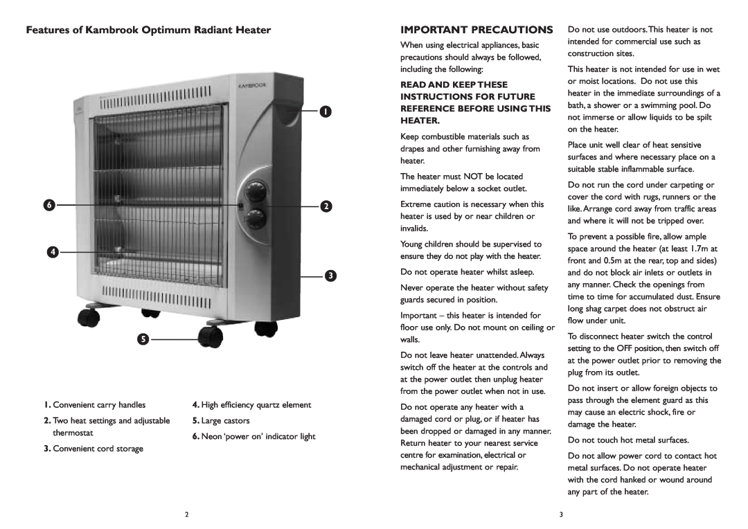 Kambrook KRH600 manual Features of Kambrook Optimum Radiant Heater, Important Precautions 