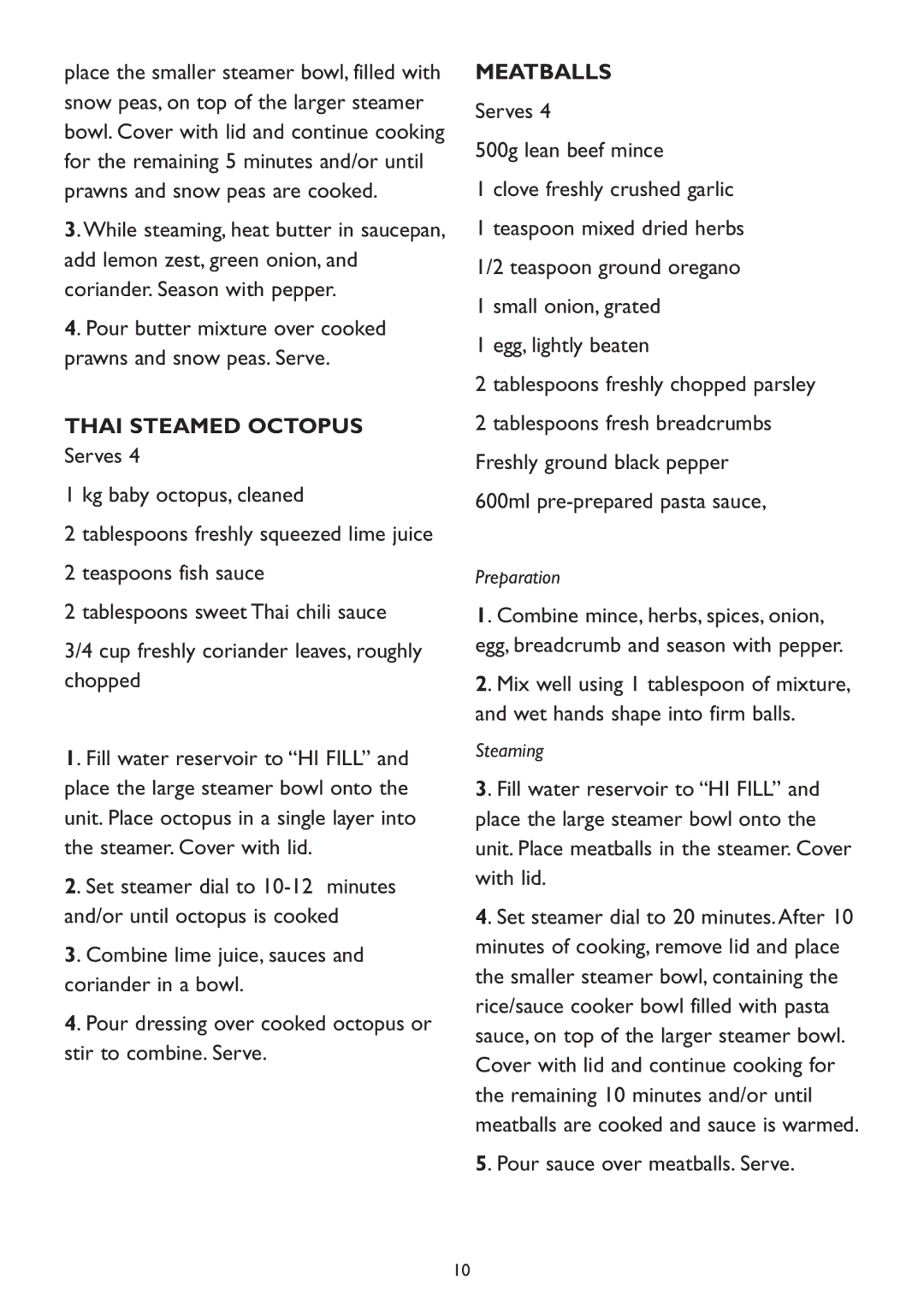 Kambrook KS200 manual Thai Steamed Octopus, Meatballs 