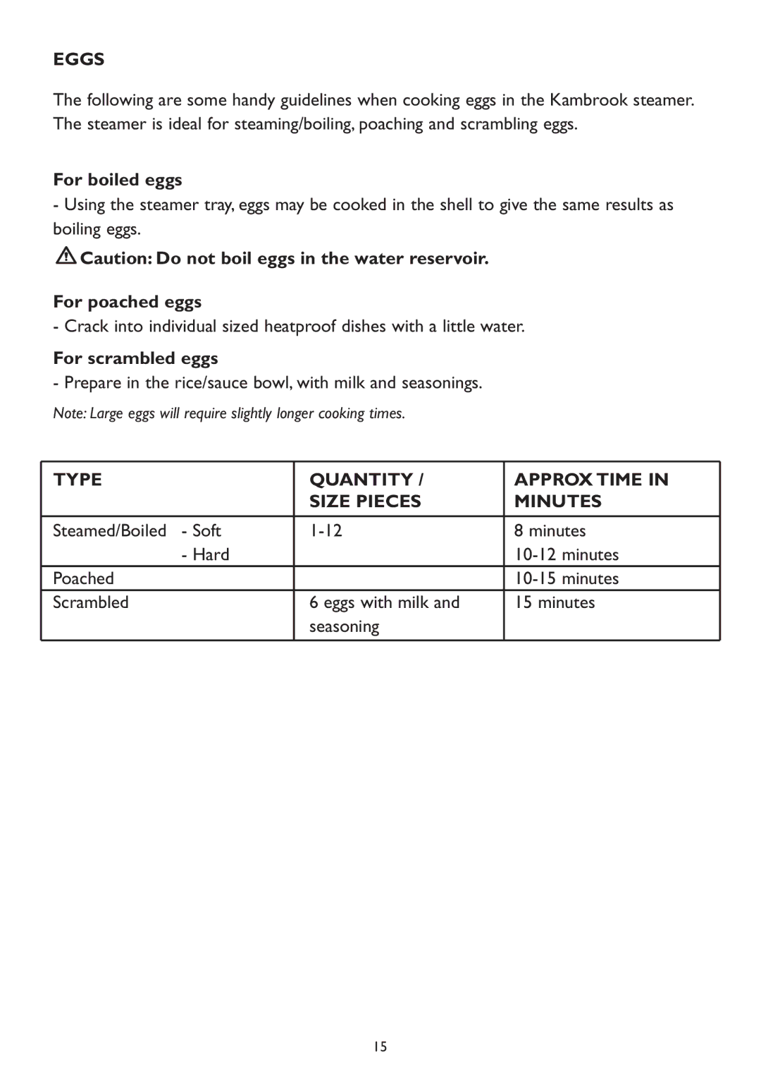 Kambrook KS200 Eggs, For boiled eggs, For poached eggs, For scrambled eggs, Type Quantity Approx Time Size Pieces Minutes 