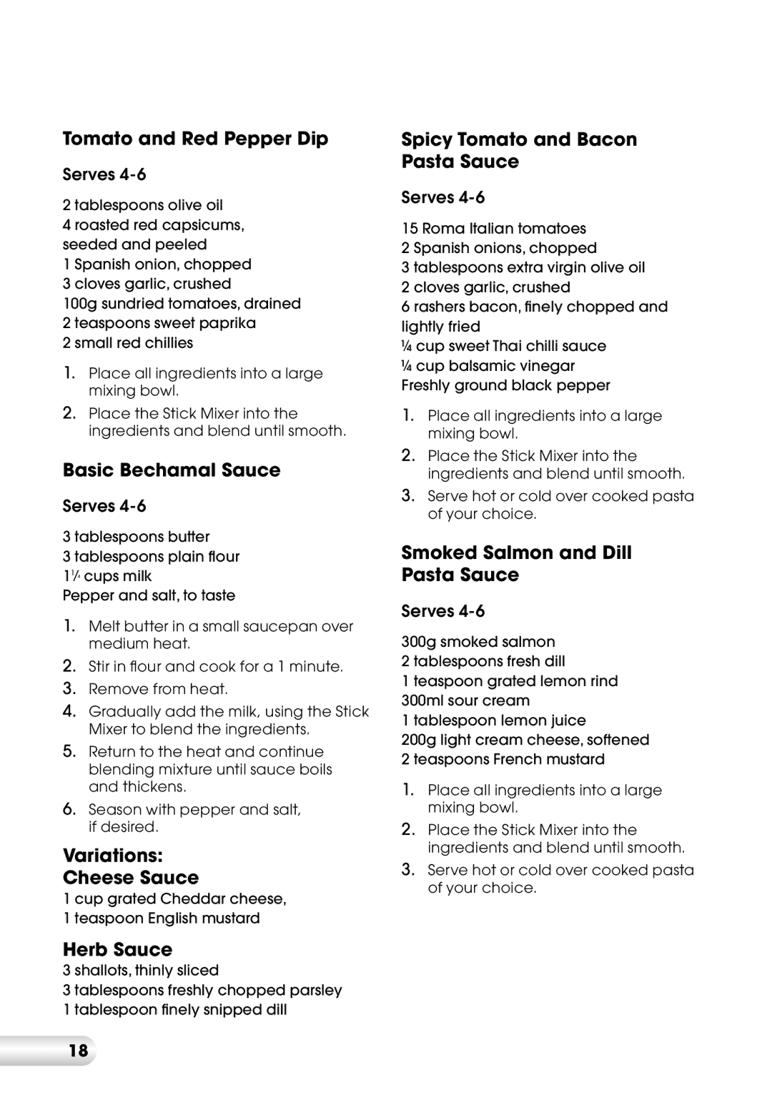 Kambrook KSB8 manual Tomato and Red Pepper Dip, Basic Bechamal Sauce, Variations Cheese Sauce, Herb Sauce 