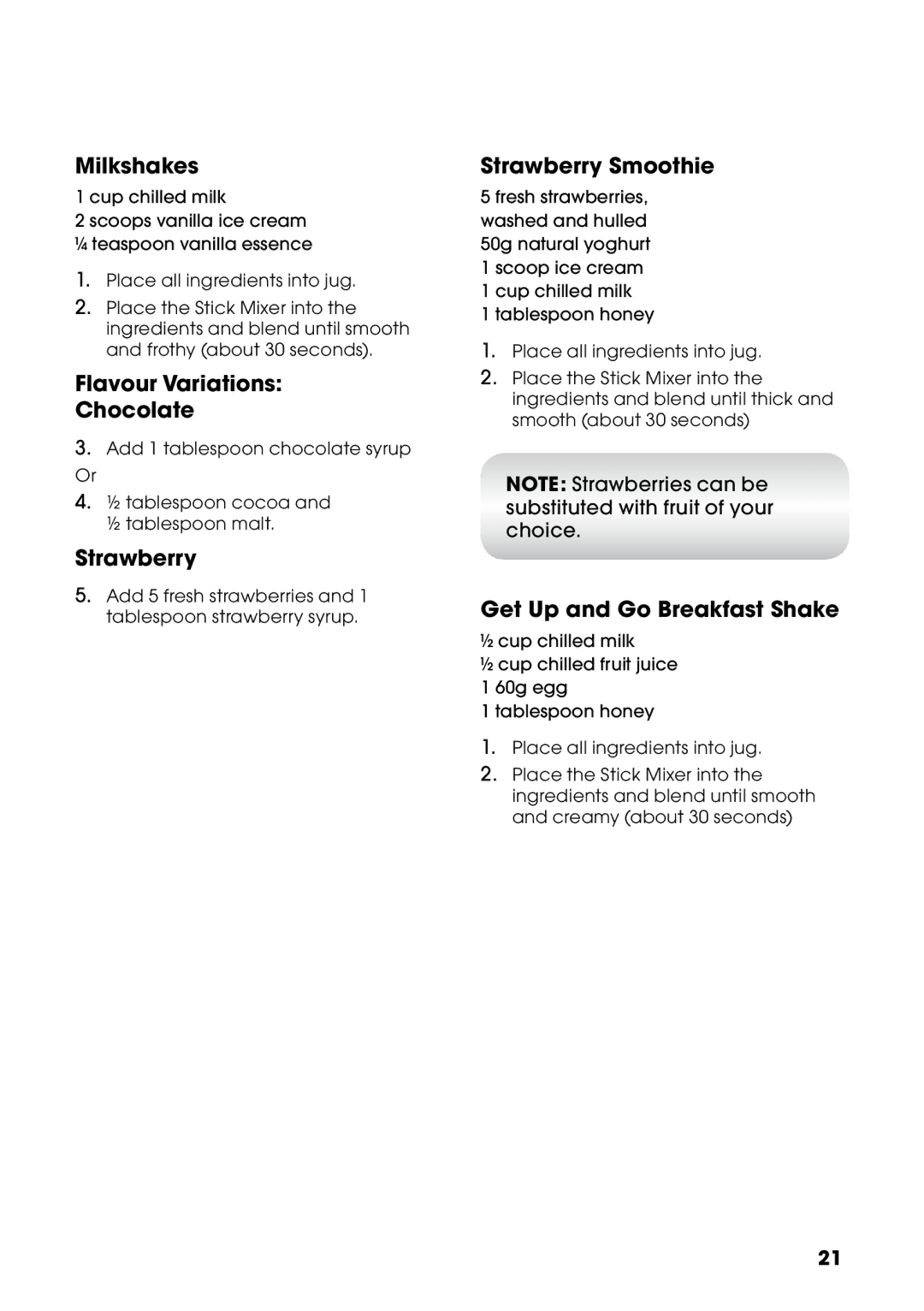 Kambrook KSB8 manual Milkshakes, Flavour Variations Chocolate, Strawberry Smoothie, Get Up and Go Breakfast Shake 