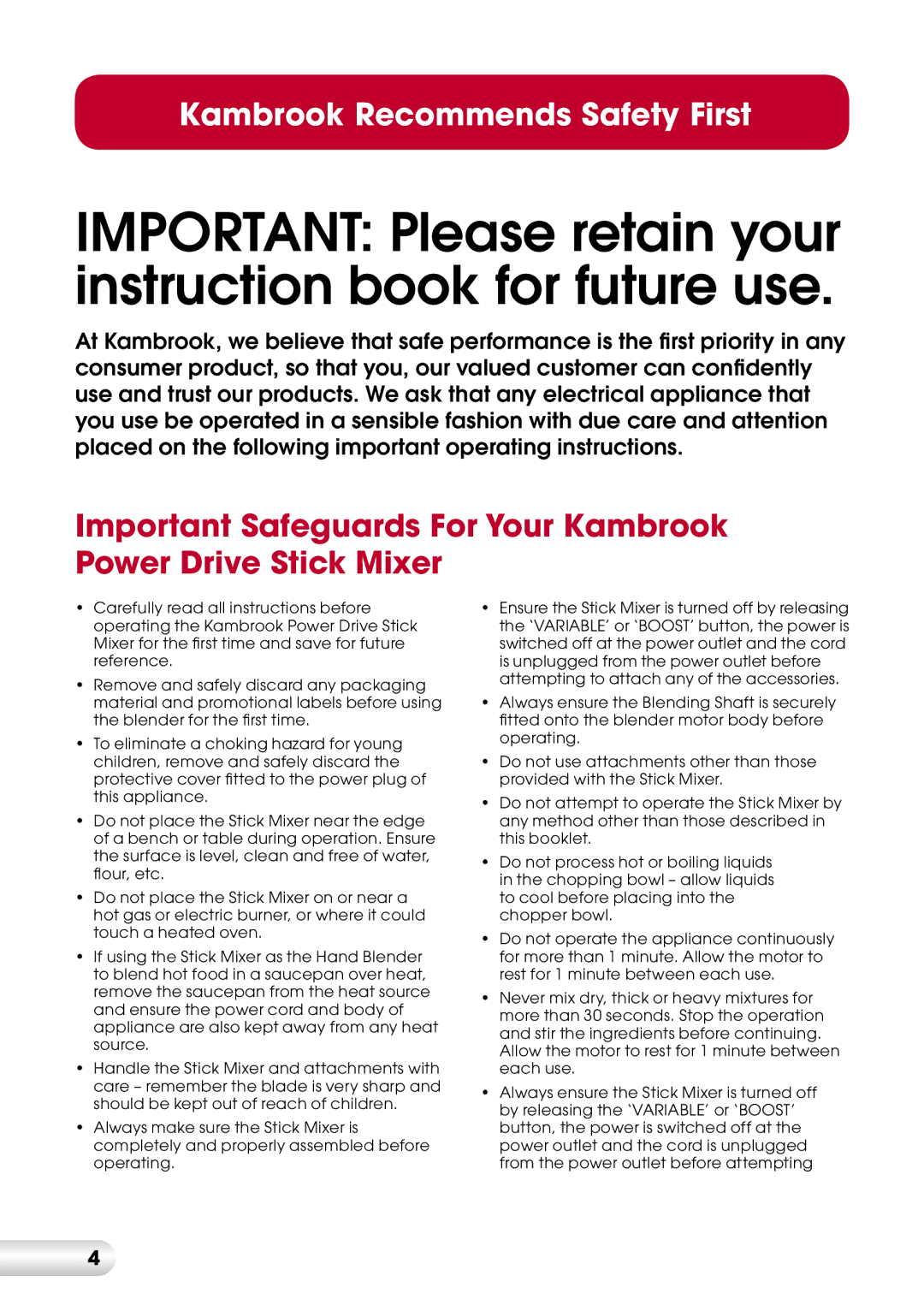 Kambrook KSB8 manual Important Please retain your instruction book for future use 