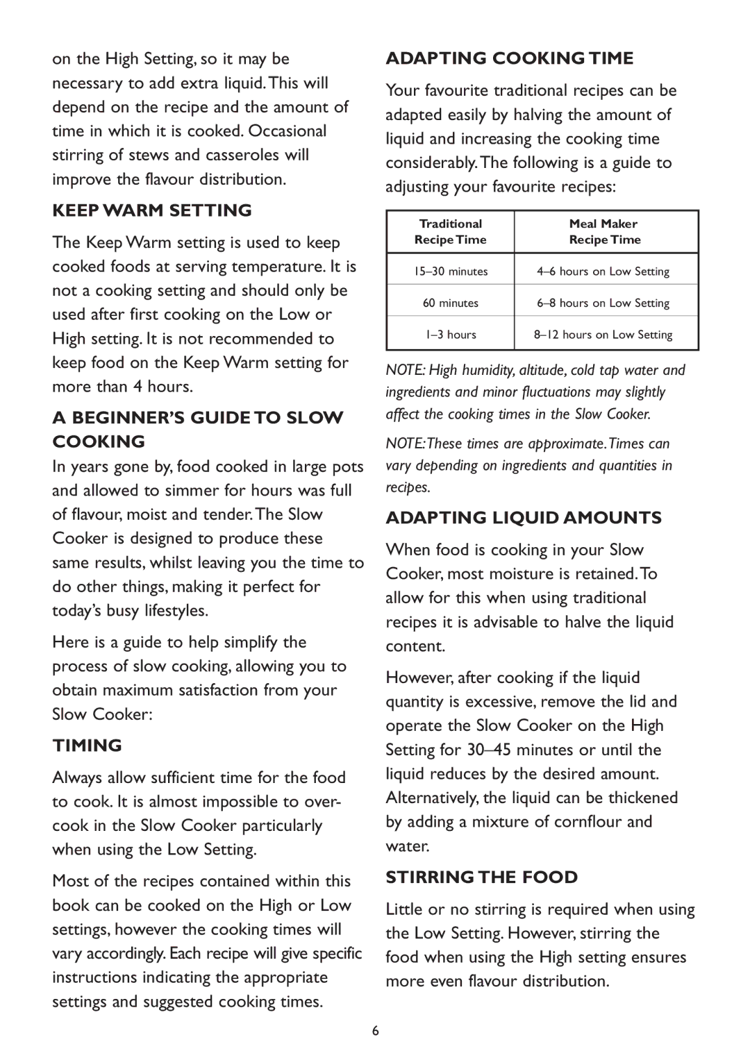 Kambrook KSC 100 Keep Warm Setting, BEGINNER’S Guide to Slow Cooking, Timing, Adapting Cooking Time, Stirring the Food 