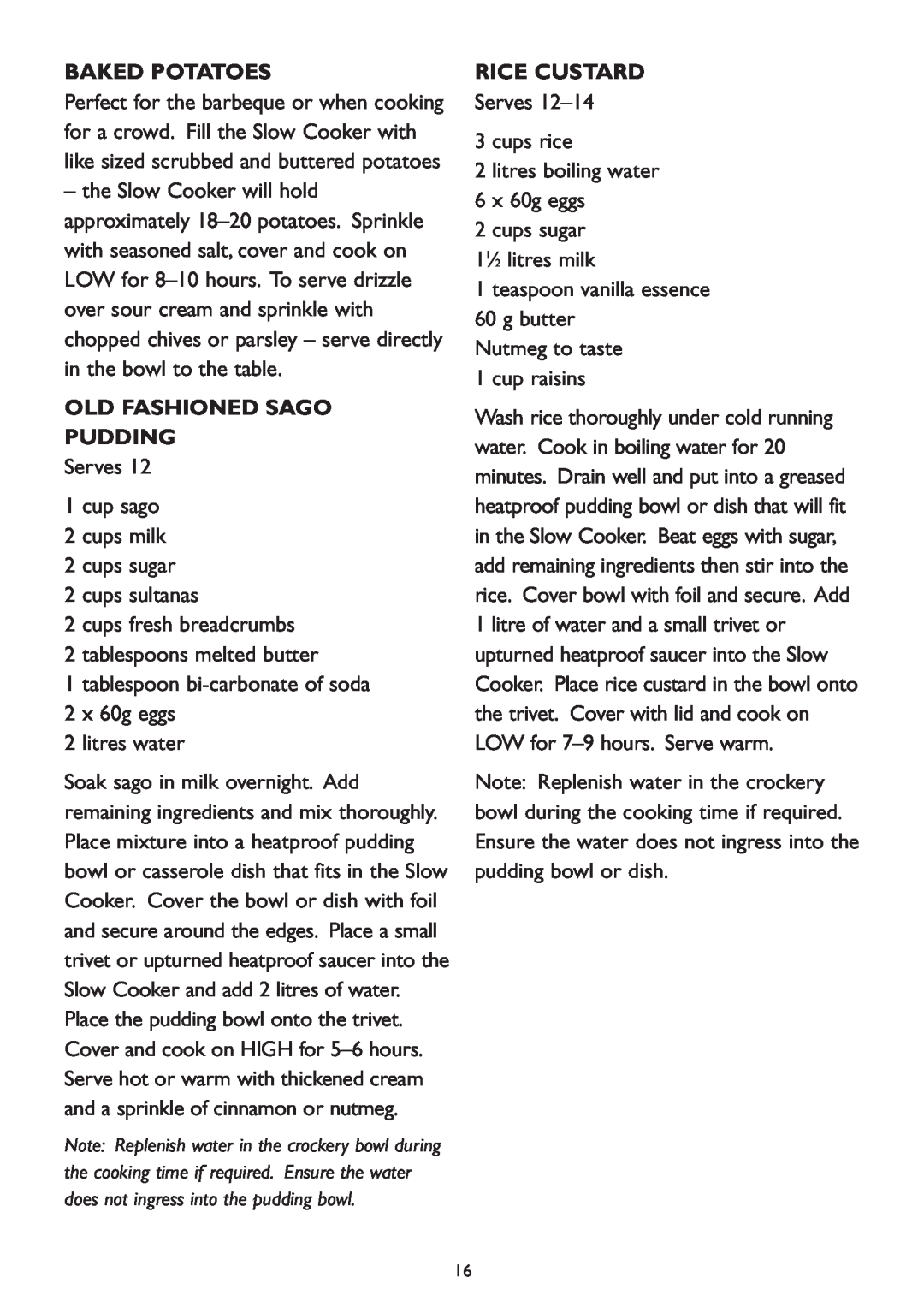Kambrook KSC 100 manual Baked Potatoes, Old Fashioned Sago Pudding, Rice Custard 