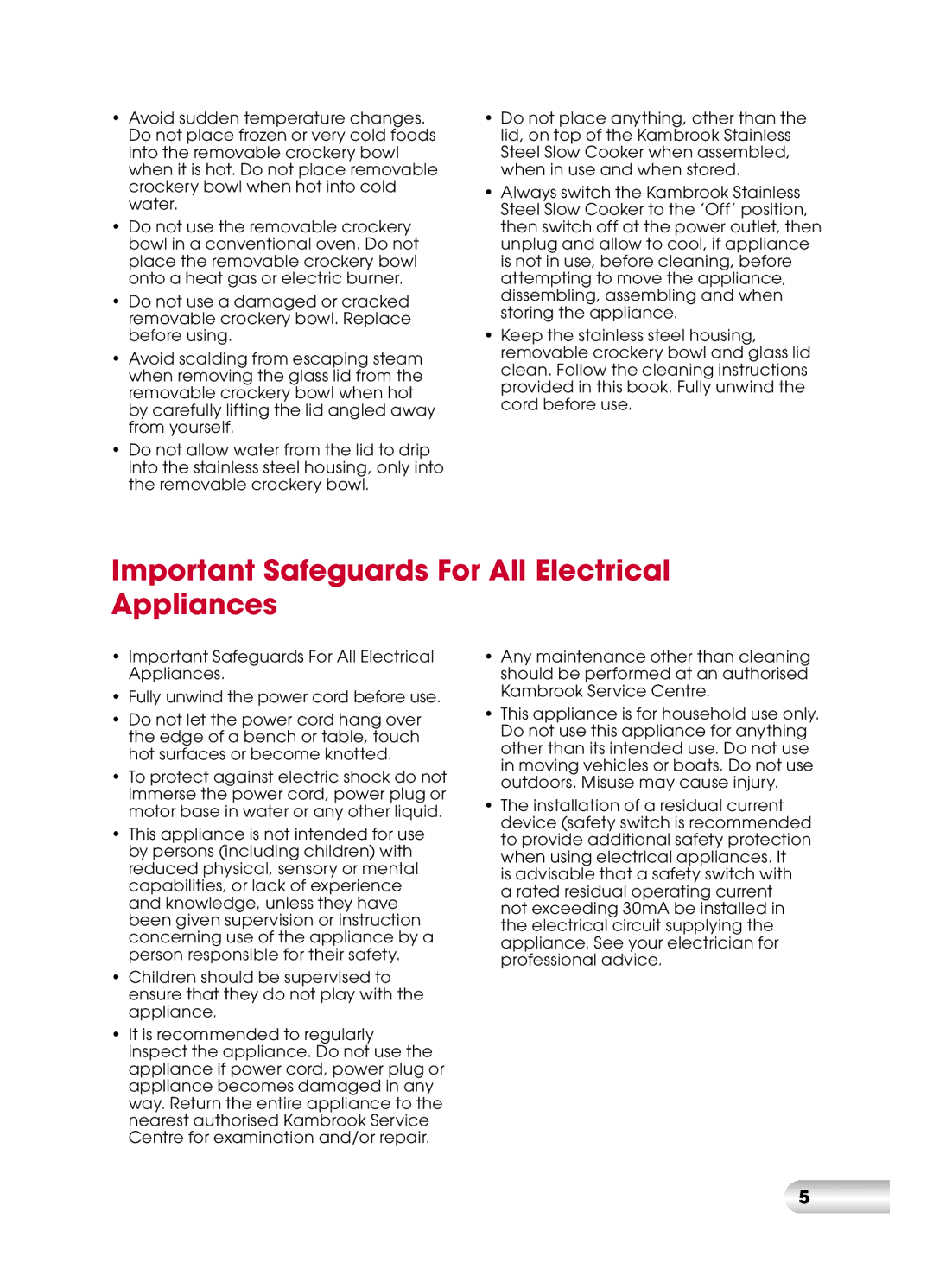 Kambrook KSC110 manual Important Safeguards For All Electrical Appliances 