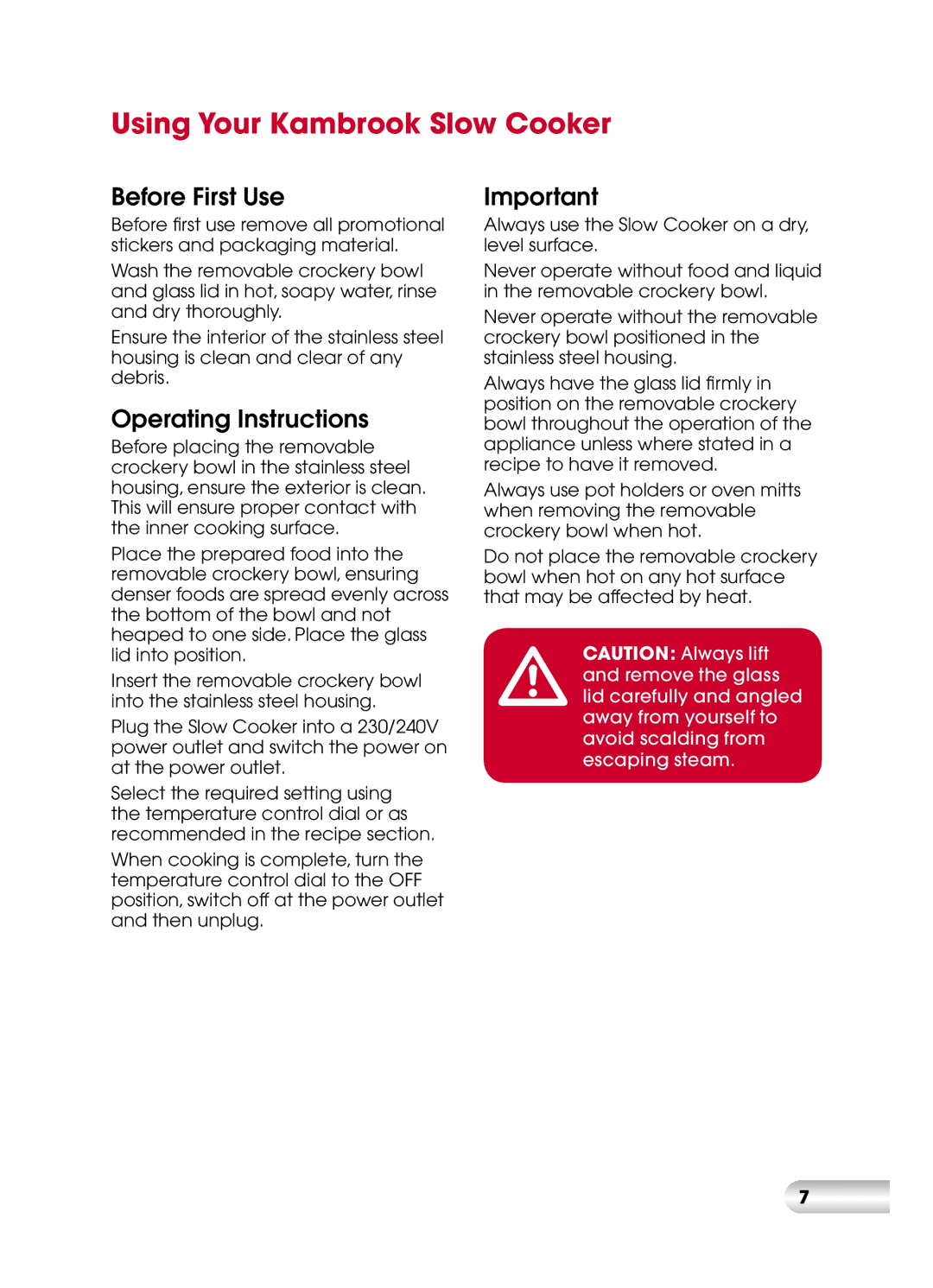 Kambrook KSC110 manual Using Your Kambrook Slow Cooker, Before First Use, Operating Instructions 