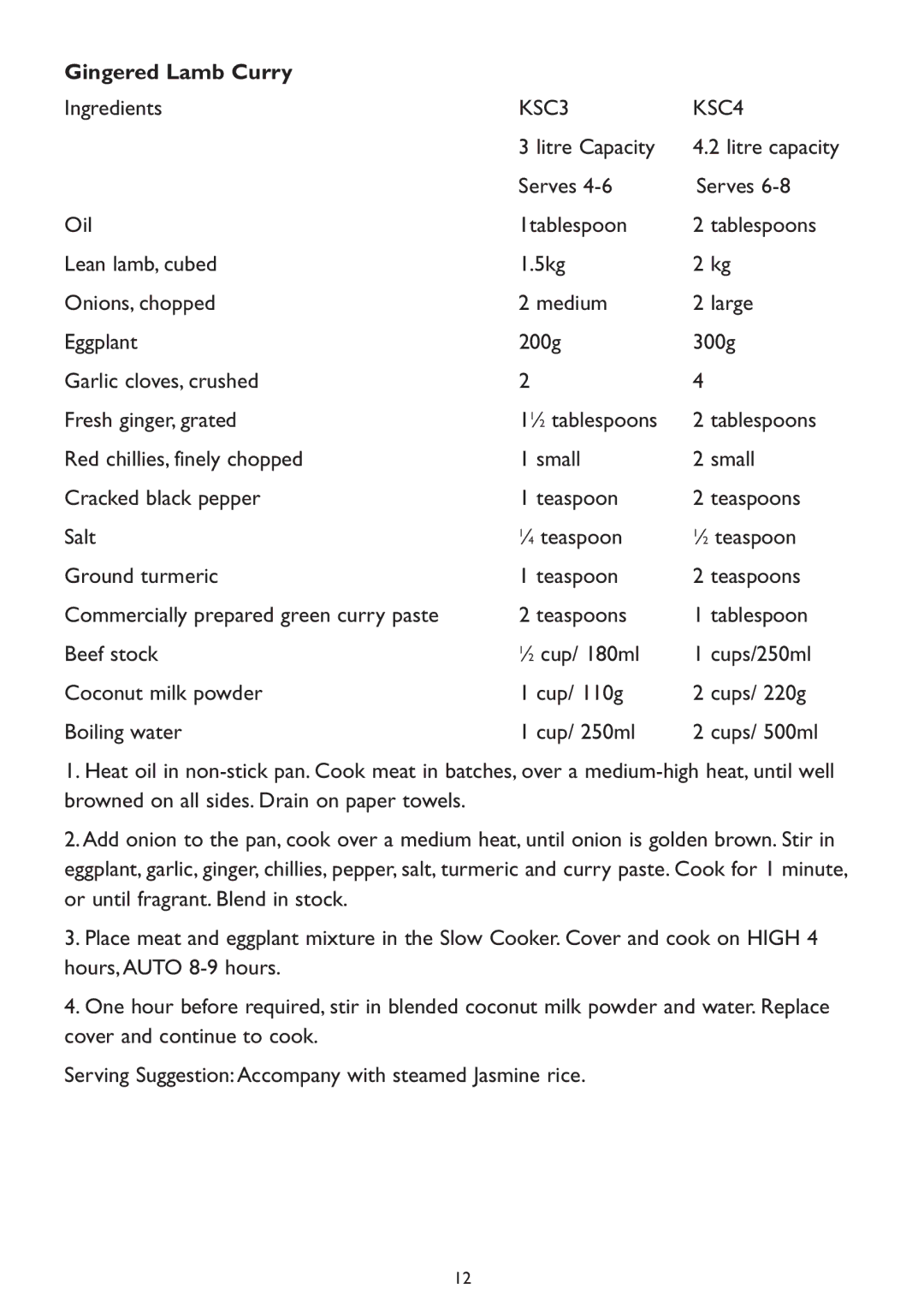 Kambrook KSC3, KSC4 manual Gingered Lamb Curry 