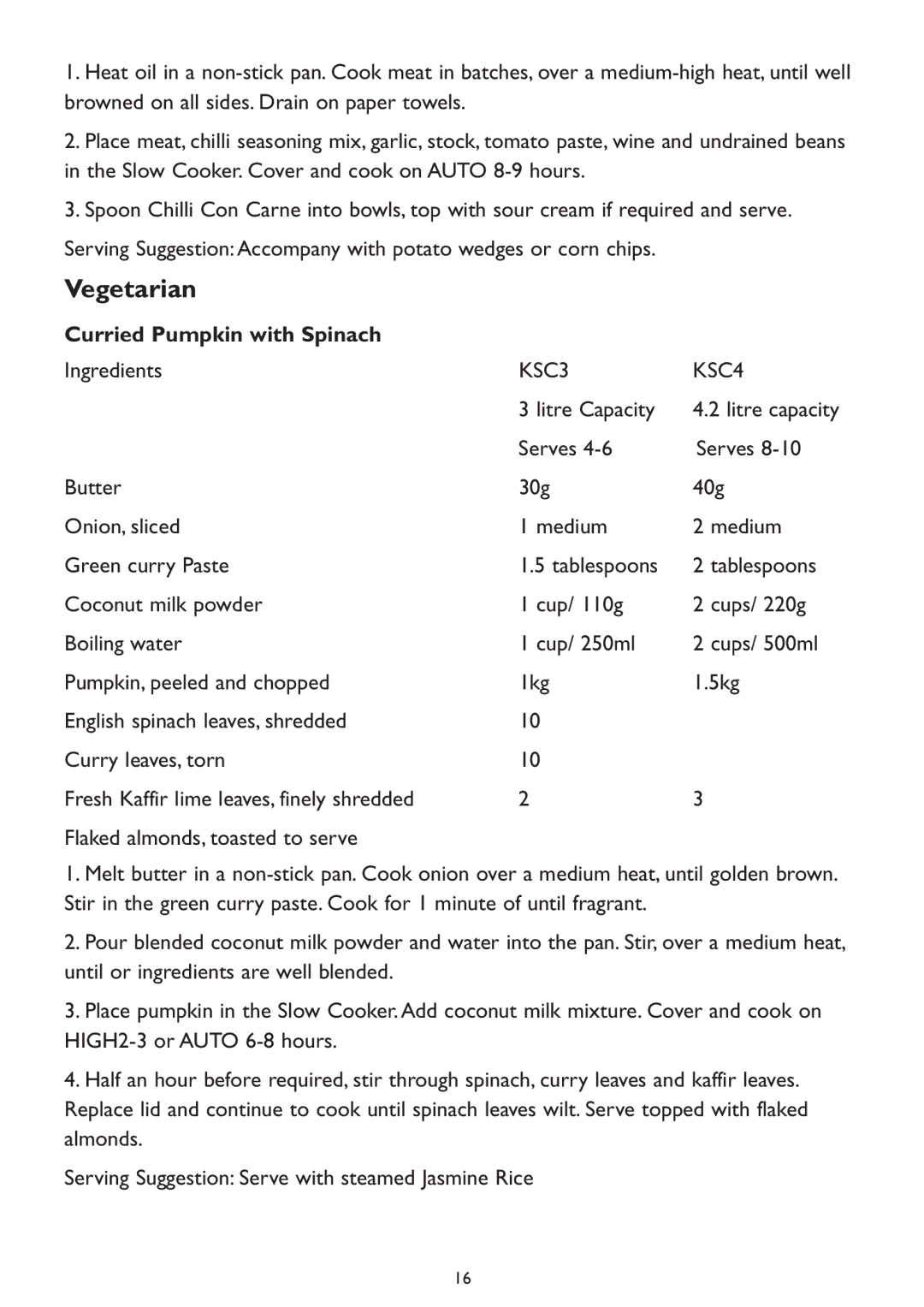 Kambrook KSC3, KSC4 manual Vegetarian, Curried Pumpkin with Spinach 