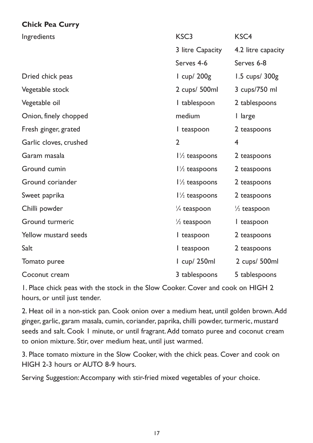 Kambrook KSC4, KSC3 manual Chick Pea Curry 