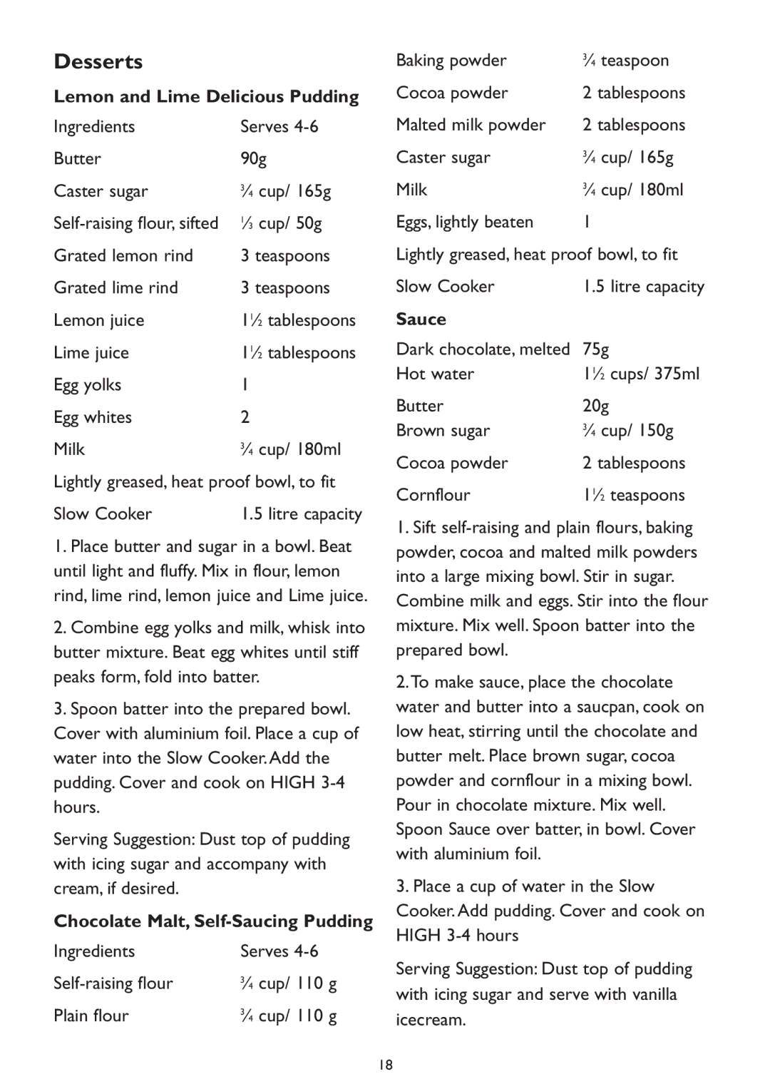 Kambrook KSC3, KSC4 manual Desserts, Lemon and Lime Delicious Pudding, Chocolate Malt, Self-Saucing Pudding, Sauce 