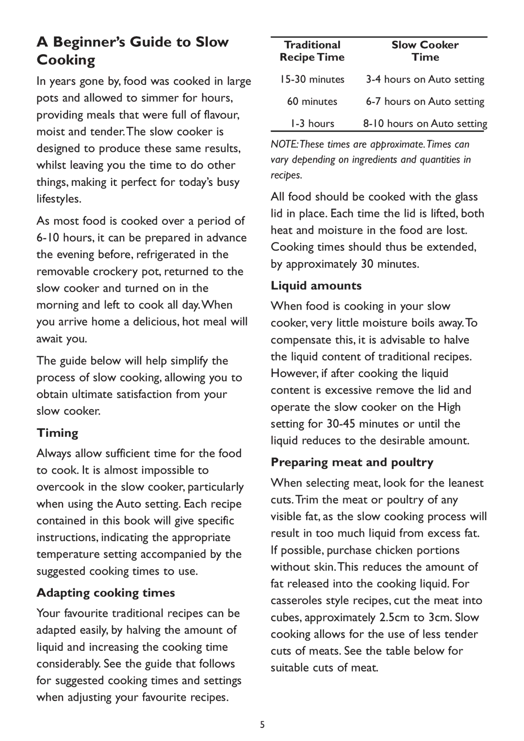 Kambrook KSC4 Beginner’s Guide to Slow Cooking, Timing, Adapting cooking times, Liquid amounts, Preparing meat and poultry 