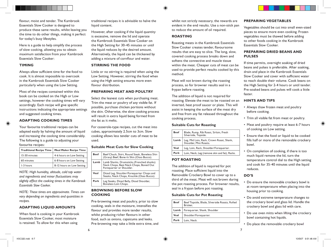 Kambrook KSC320 Timing, Stirring the Food, Preparing Vegetables, Preparing Dried Beans and Pulses, POT Roasting, Do’S 