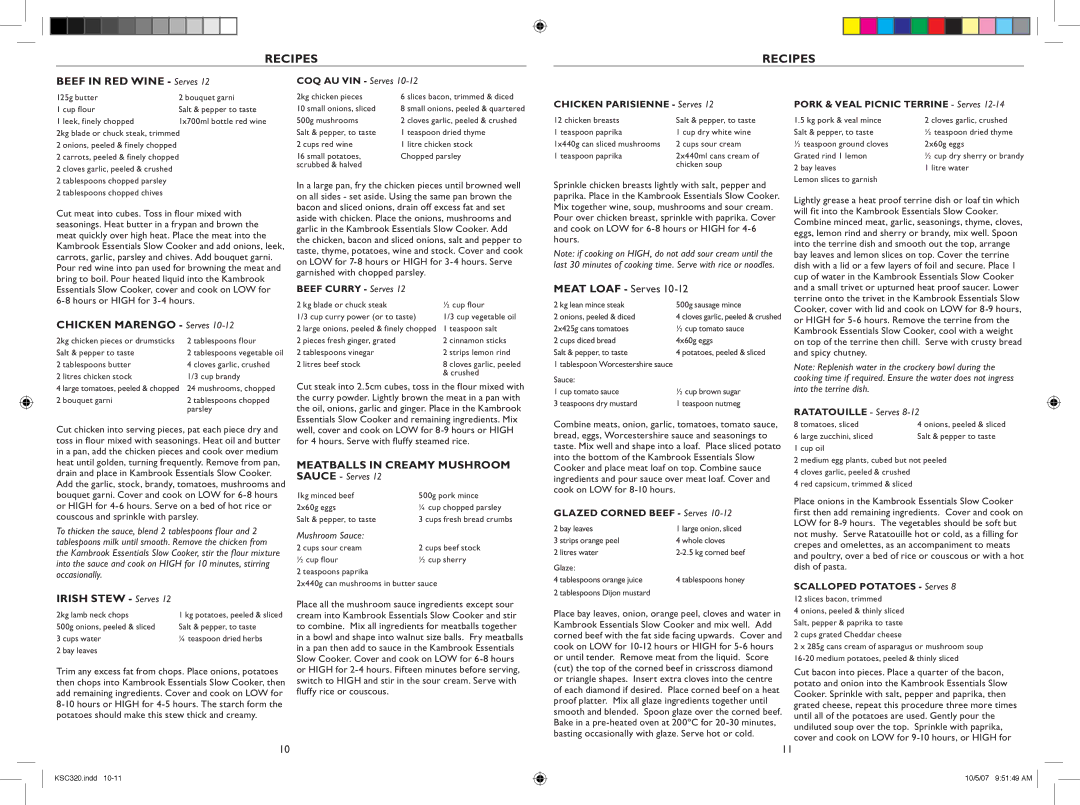 Kambrook KSC320 manual Beef in RED Wine Serves, Chicken Marengo Serves, Meat Loaf Serves, Meatballs in Creamy Mushroom 