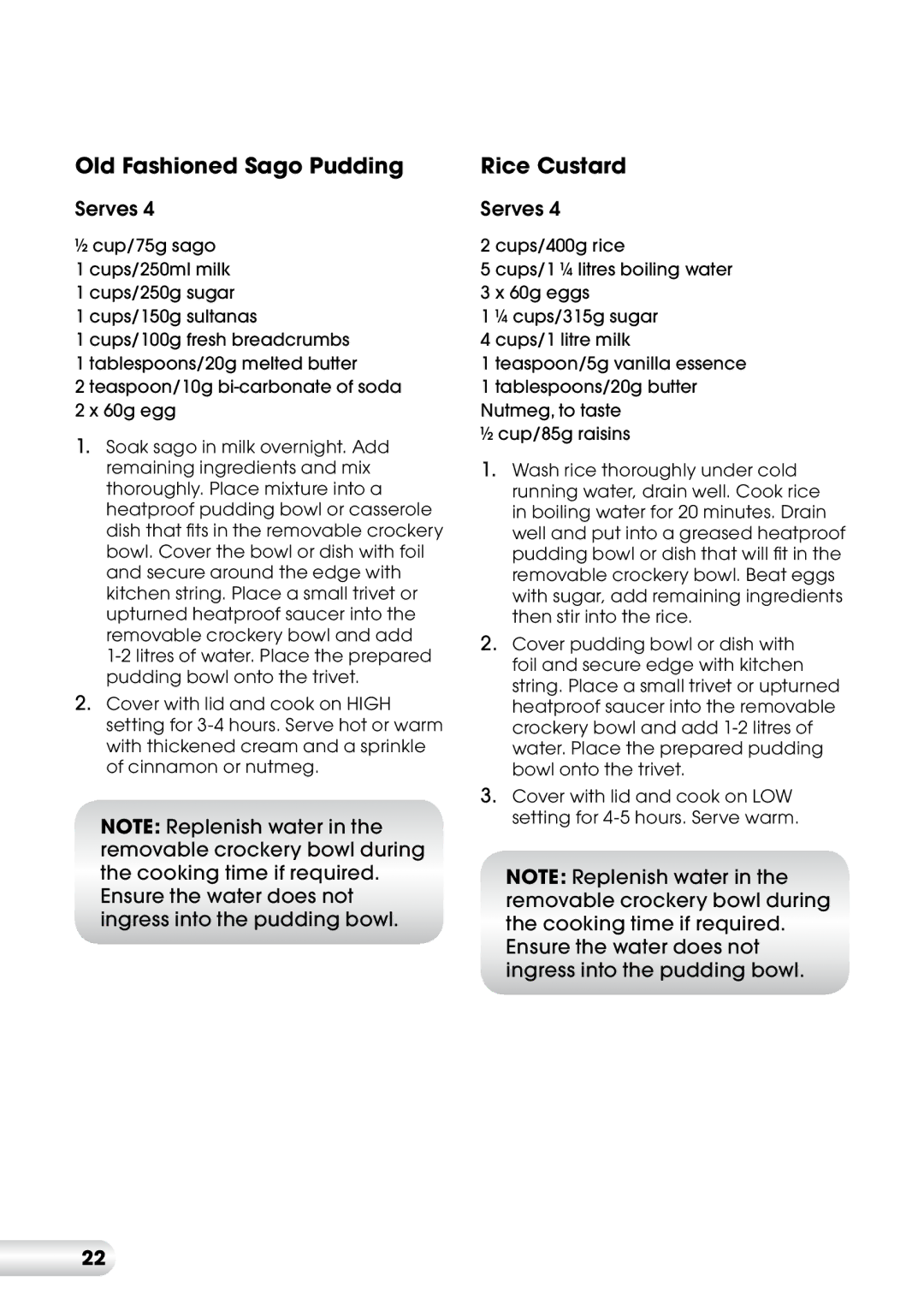 Kambrook KSC360 manual Old Fashioned Sago Pudding, Rice Custard 