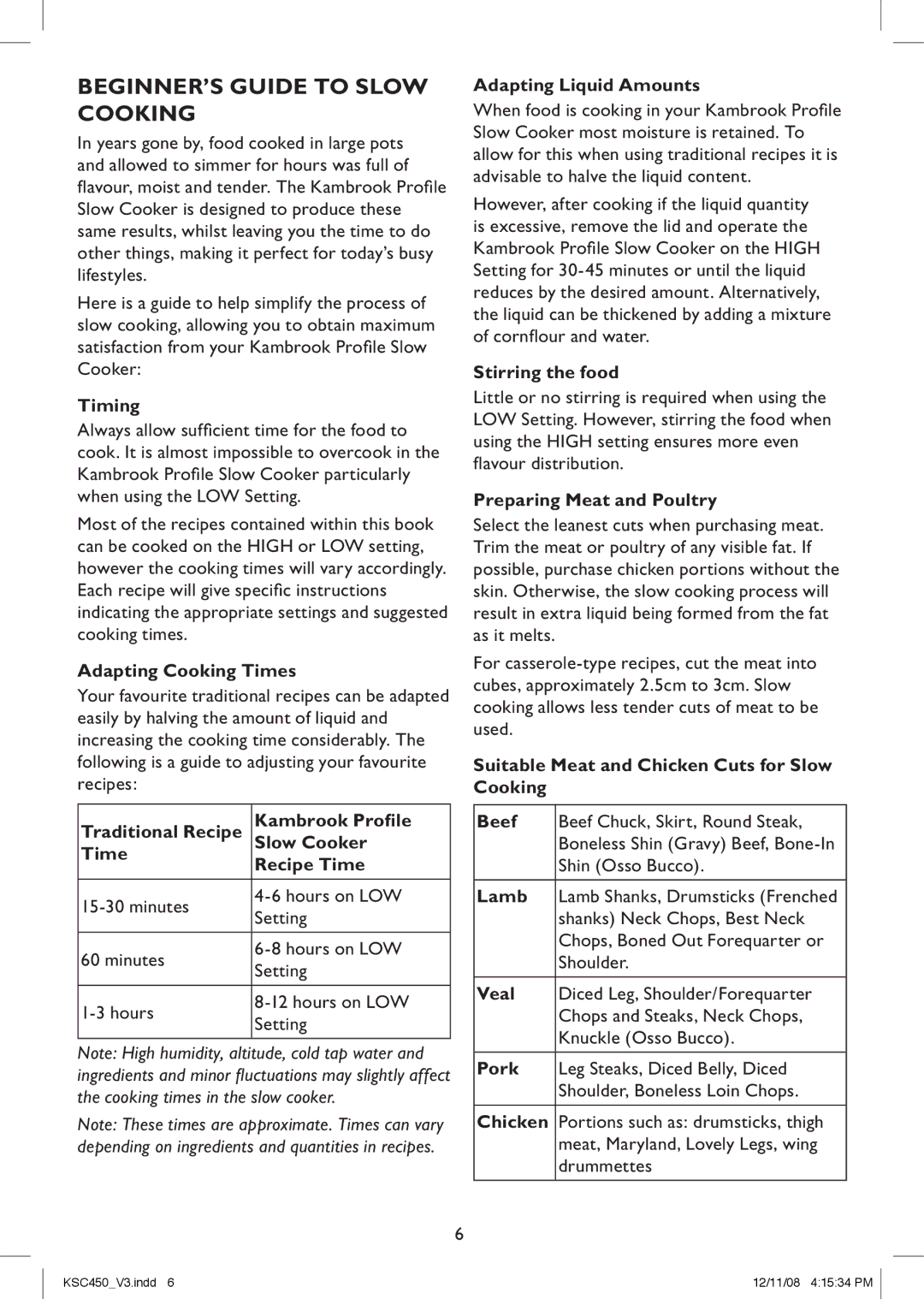 Kambrook KSC450 Timing, Adapting Cooking Times, Adapting Liquid Amounts, Stirring the food, Preparing Meat and Poultry 