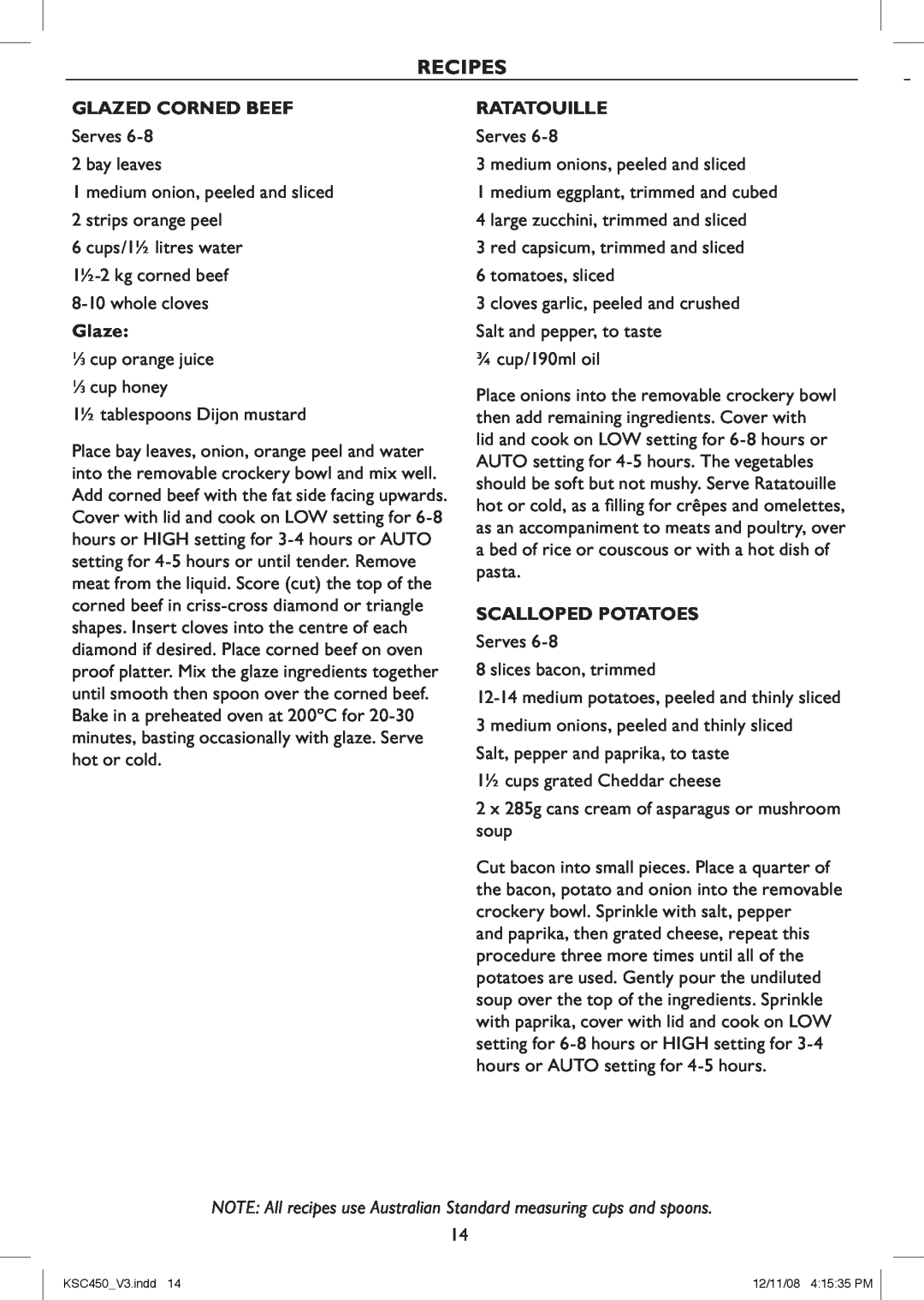 Kambrook KSC450 manual Recipes, Glazed Corned Beef, Ratatouille, Scalloped Potatoes 