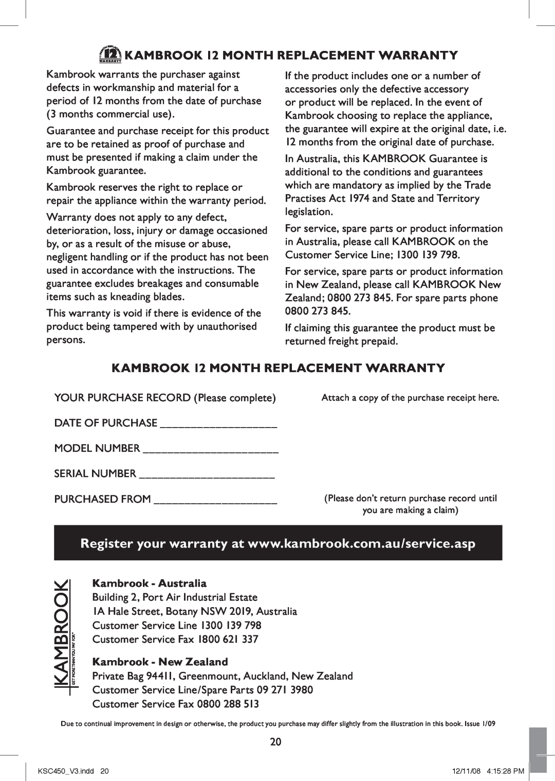 Kambrook KSC450 manual KAMBROOK 12 MONTH REPLACEMENT WARRANTY, Kambrook - Australia, Kambrook - New Zealand 