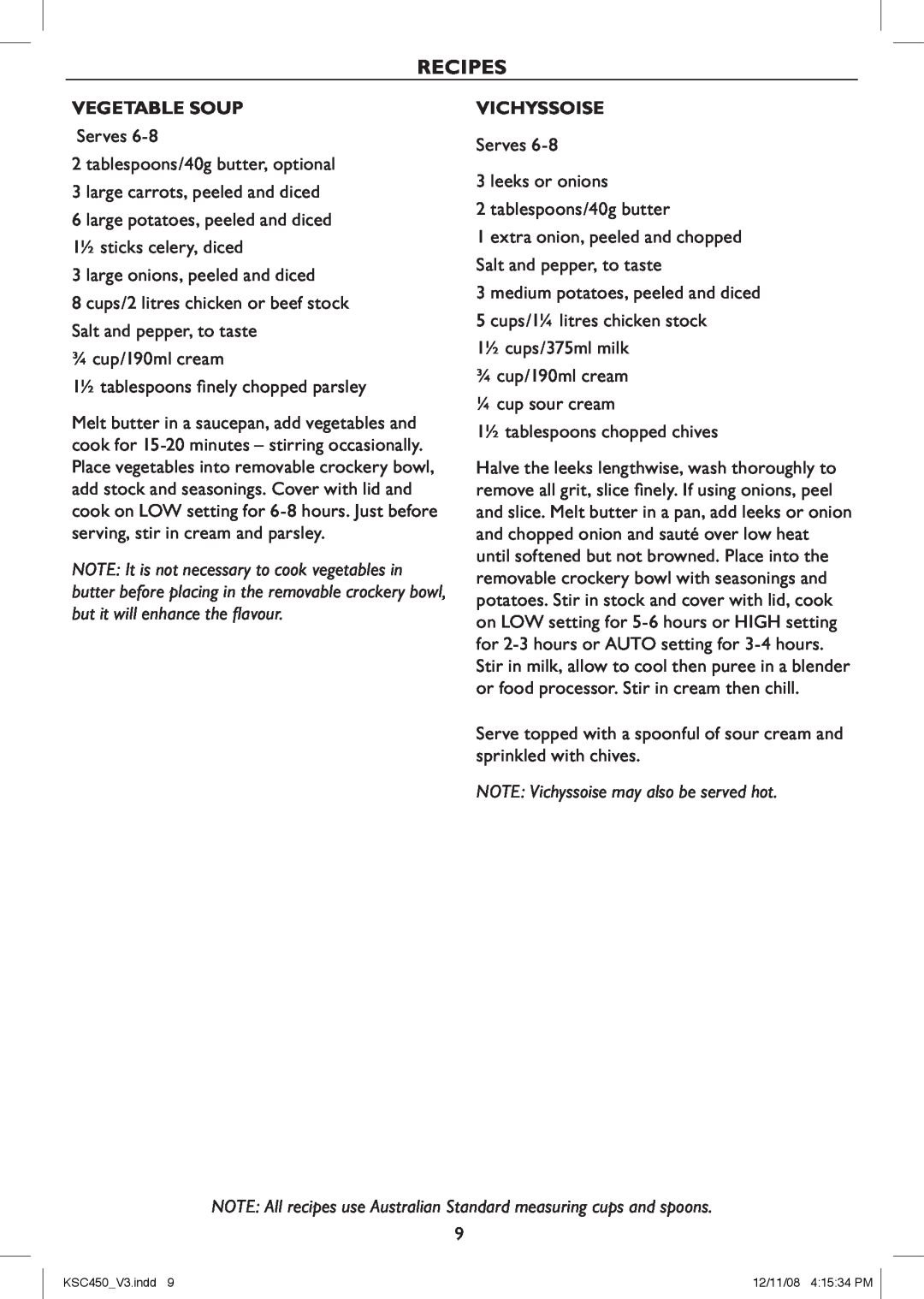 Kambrook KSC450 manual Recipes, Vegetable Soup, Vichyssoise 