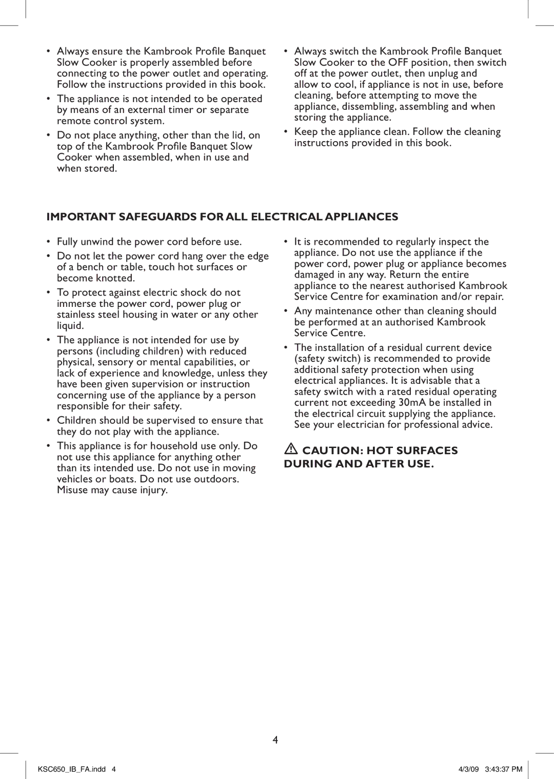 Kambrook KSC650 manual Important Safeguards for ALL Electrical Appliances,  Caution HOT Surfaces During and After USE 