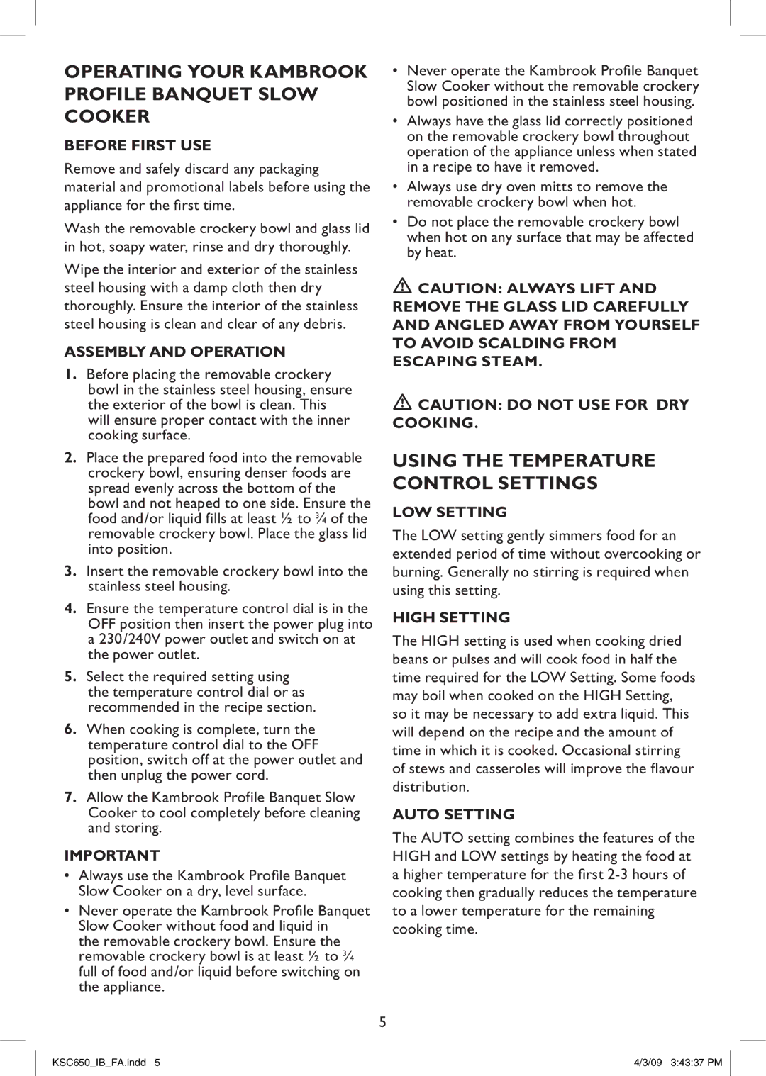 Kambrook KSC650 manual Before First USE, Assembly and Operation, LOW setting, High Setting, Auto Setting 