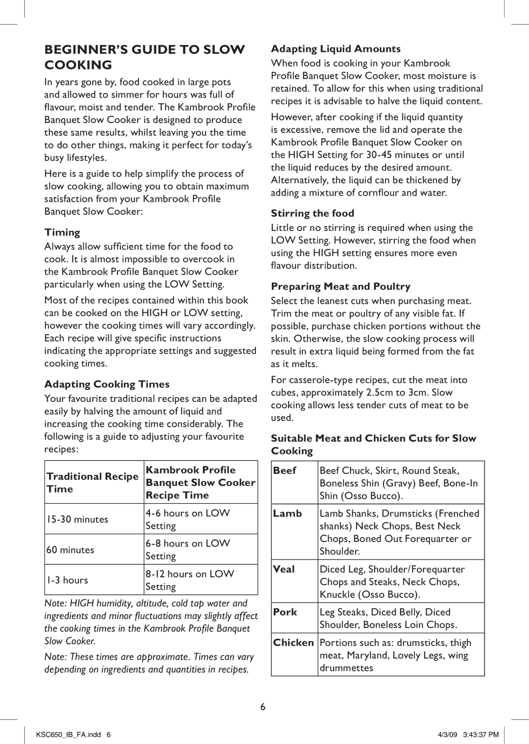 Kambrook KSC650 Timing, Adapting Cooking Times, Adapting Liquid Amounts, Stirring the food, Preparing Meat and Poultry 