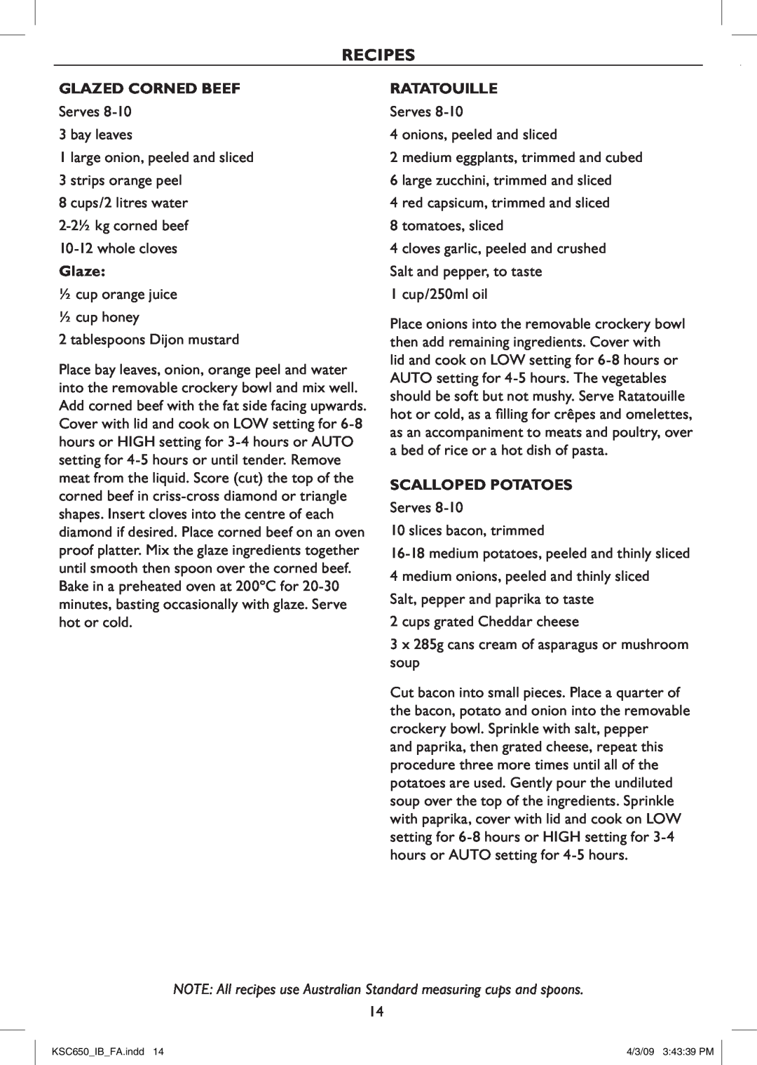 Kambrook KSC650 manual Recipes, Glazed Corned Beef, Ratatouille, Scalloped Potatoes 