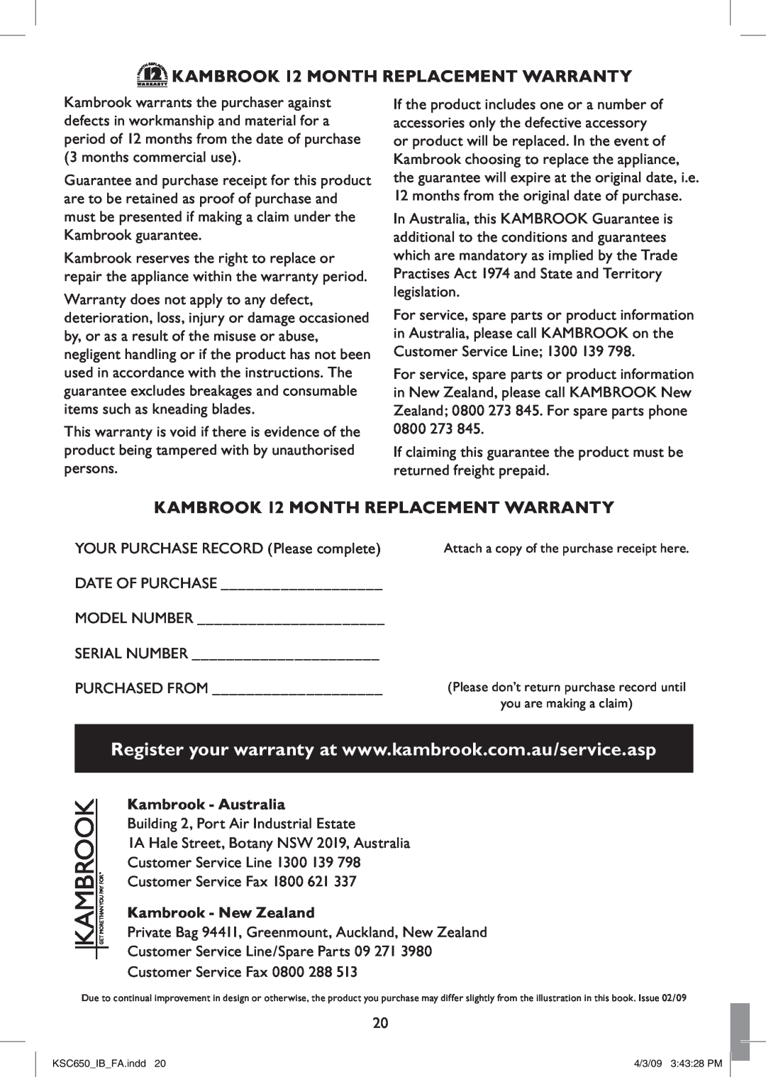 Kambrook KSC650 manual KAMBROOK 12 MONTH REPLACEMENT WARRANTY, Kambrook - Australia, Kambrook - New Zealand 