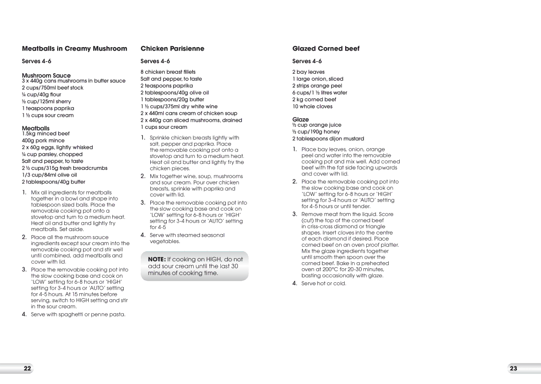 Kambrook KSC700 manual Meatballs in Creamy Mushroom, Chicken Parisienne, Glazed Corned beef 