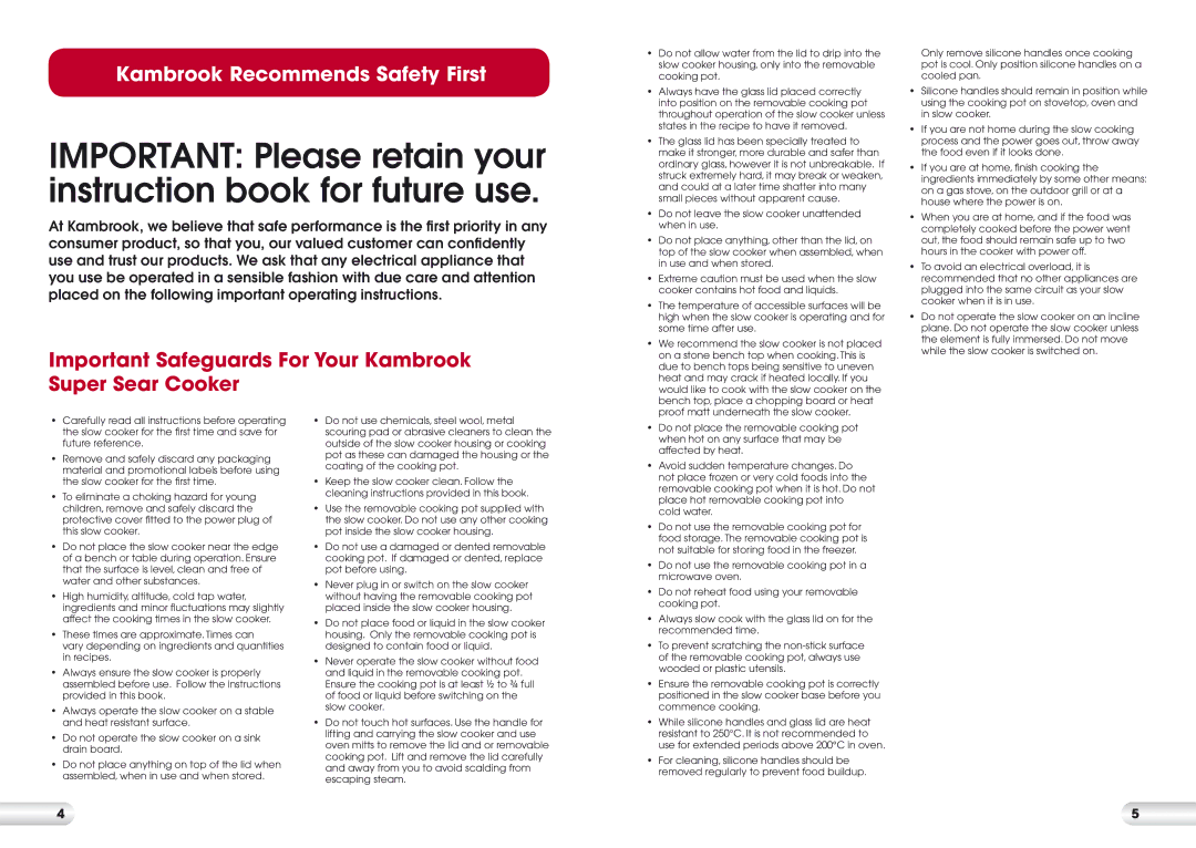 Kambrook KSC700 manual Important Safeguards For Your Kambrook Super Sear Cooker 