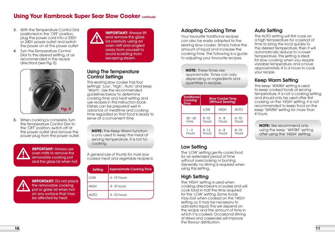 Kambrook KSC700 manual Adapting Cooking Time, Auto Setting, Using The Temperature Control Settings, Keep Warm Setting 