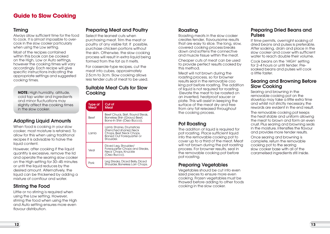 Kambrook KSC700 manual Guide to Slow Cooking 