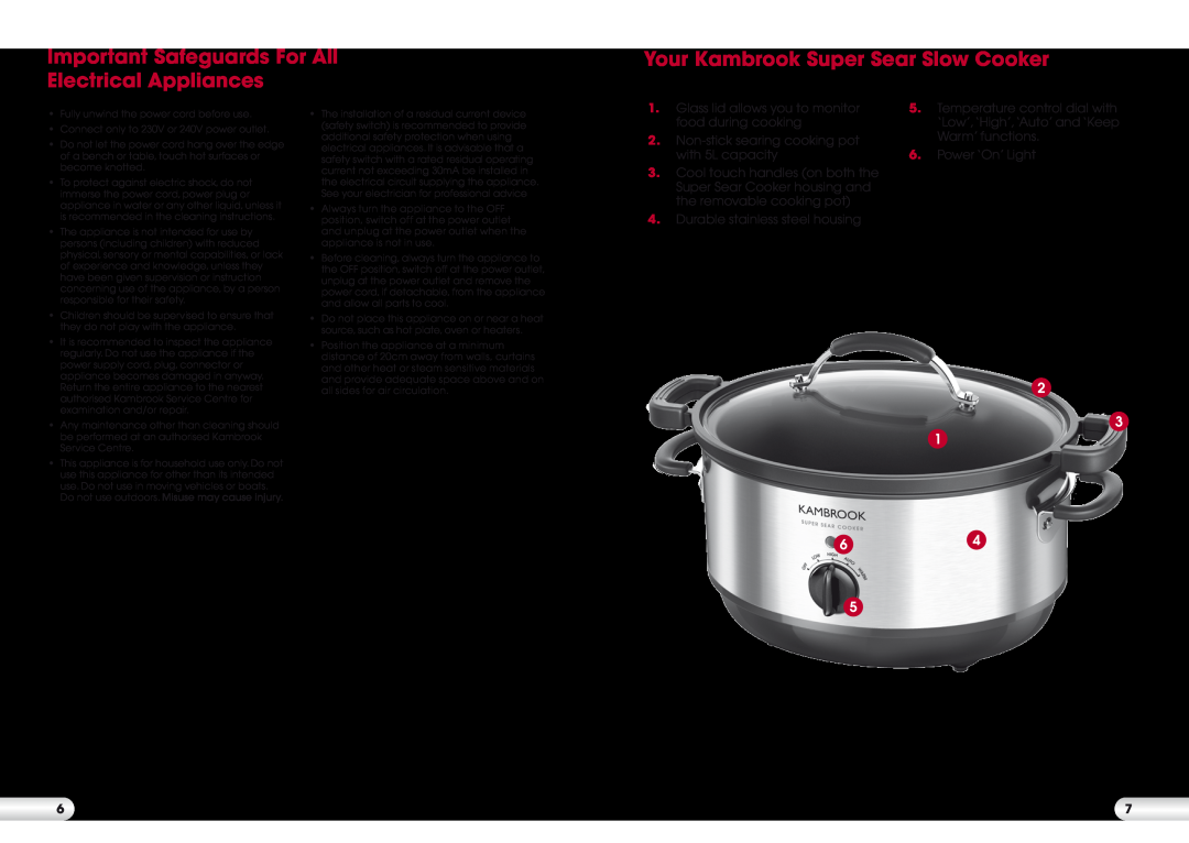 Kambrook KSC700 Important Safeguards For All Electrical Appliances, Your Kambrook Super Sear Slow Cooker, Power ‘On’ Light 
