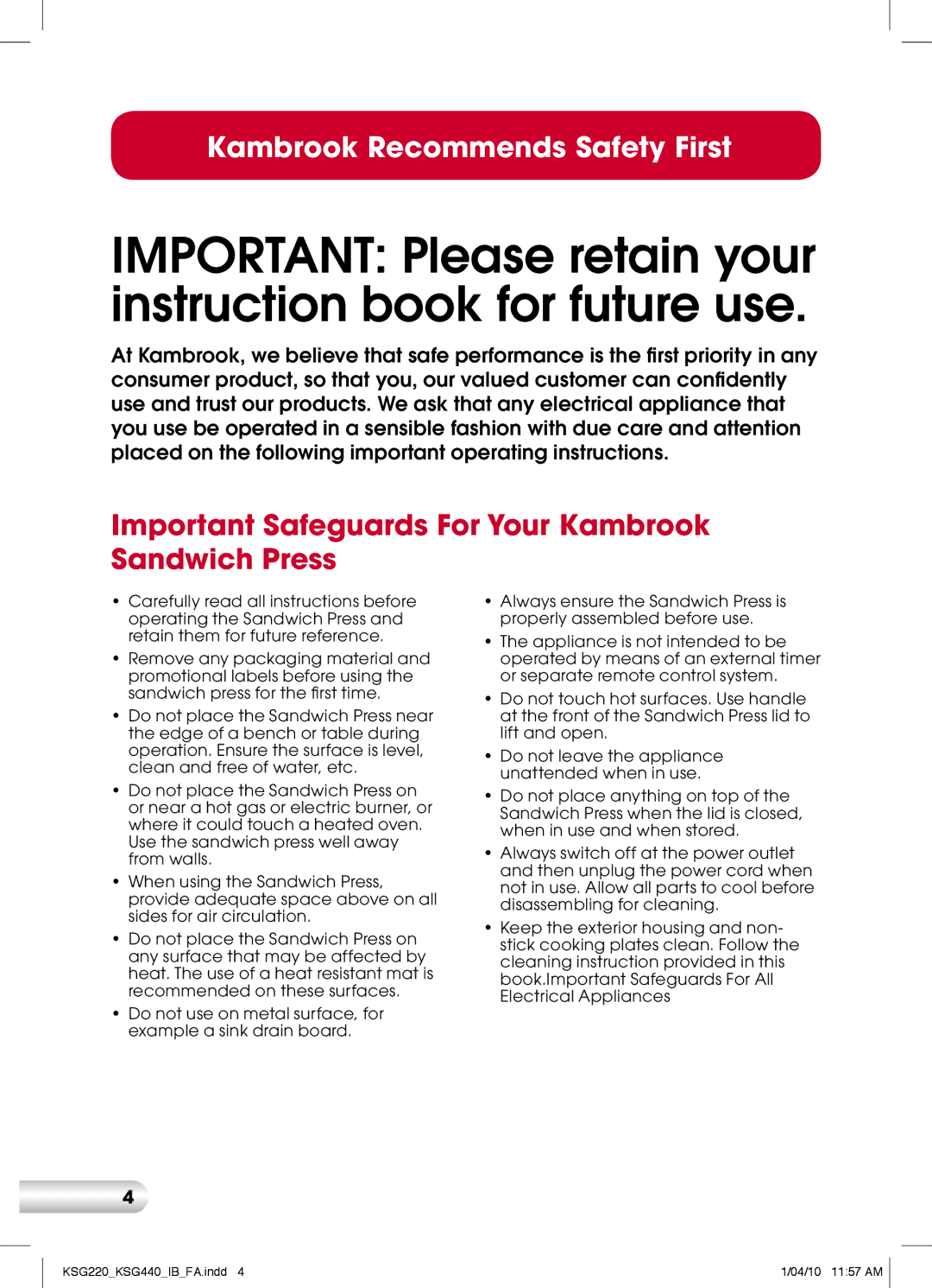 Kambrook KSG220, KSG440 manual Important Safeguards For Your Kambrook Sandwich Press 