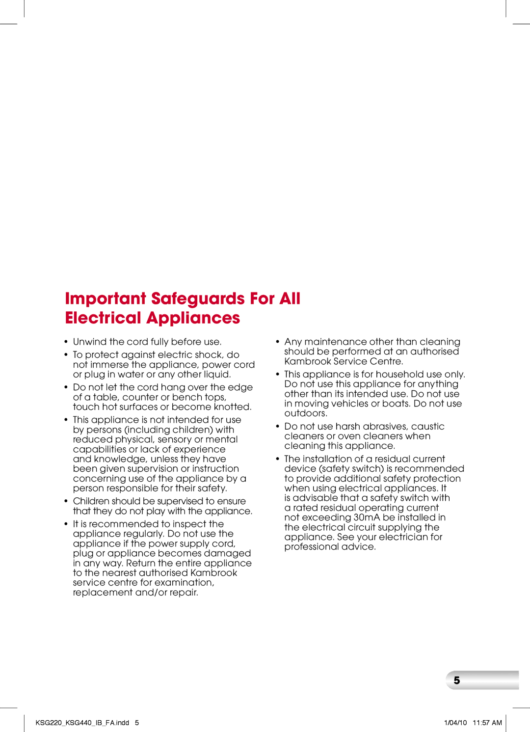 Kambrook KSG440, KSG220 manual Important Safeguards For All Electrical Appliances 