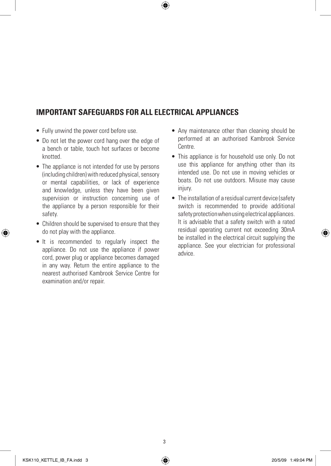 Kambrook KSK110 manual Important Safeguards for ALL Electrical Appliances 