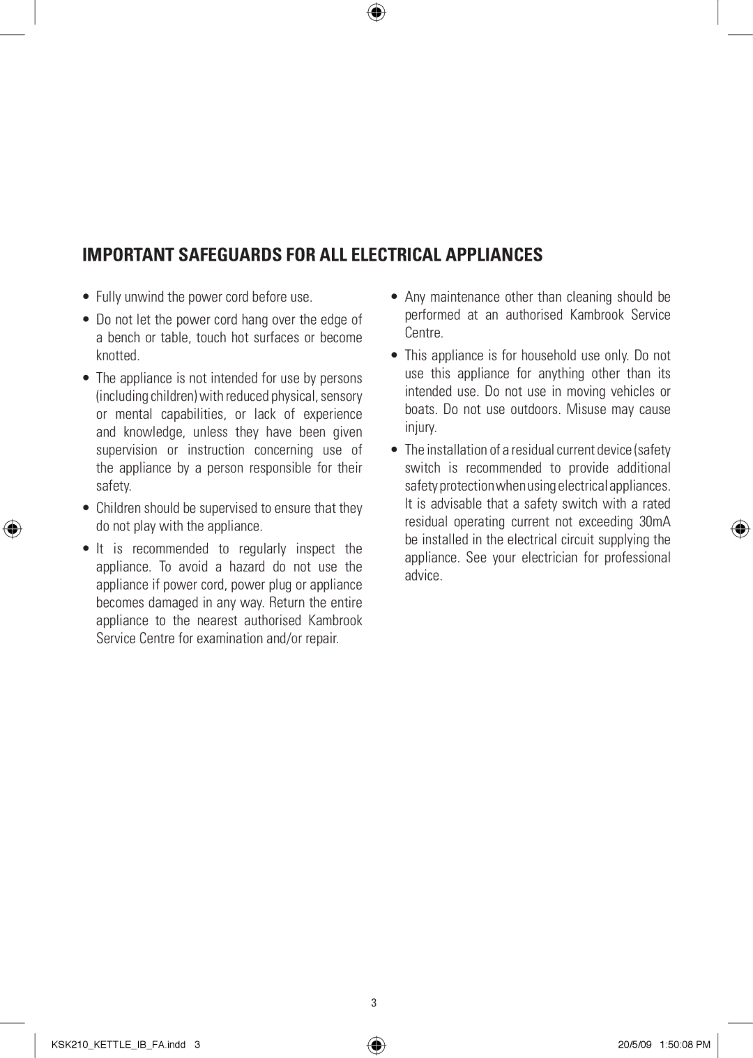 Kambrook KSK210 manual Important Safeguards for ALL Electrical Appliances 