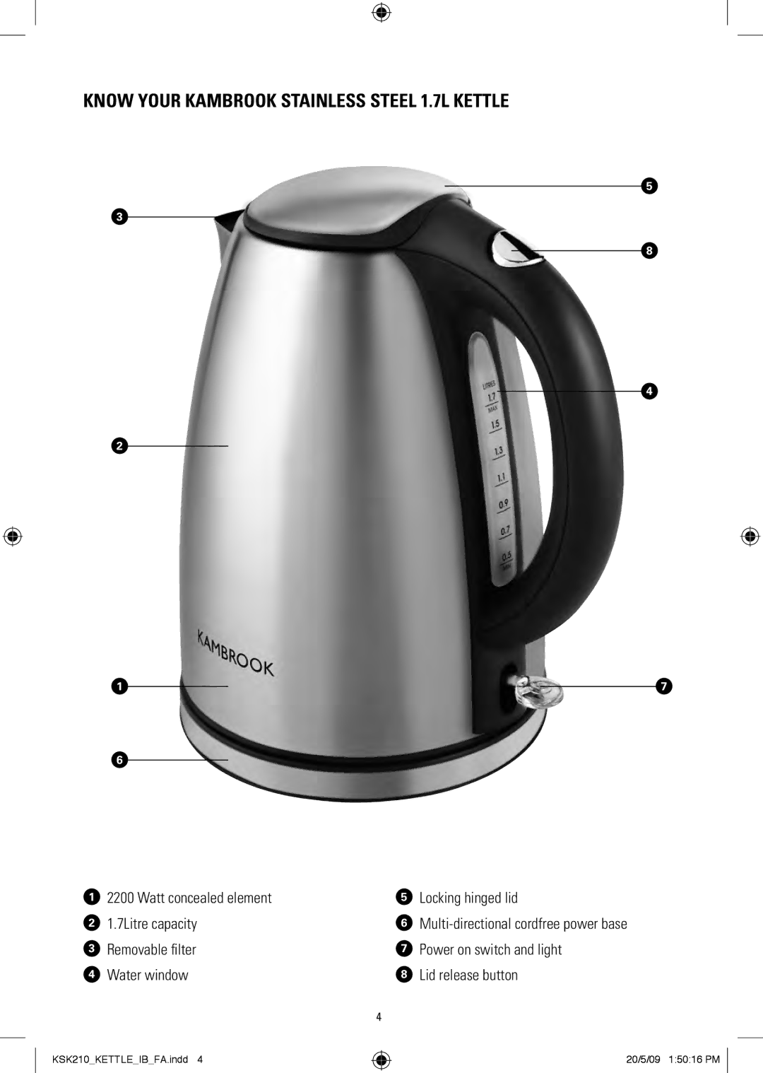 Kambrook KSK210 manual Know your Kambrook Stainless Steel 1.7L Kettle 