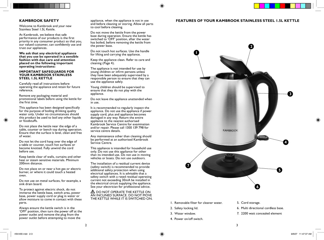 Kambrook KSK400 manual Kambrook Safety, Features of Your Kambrook Stainless Steel 1.5L Kettle 