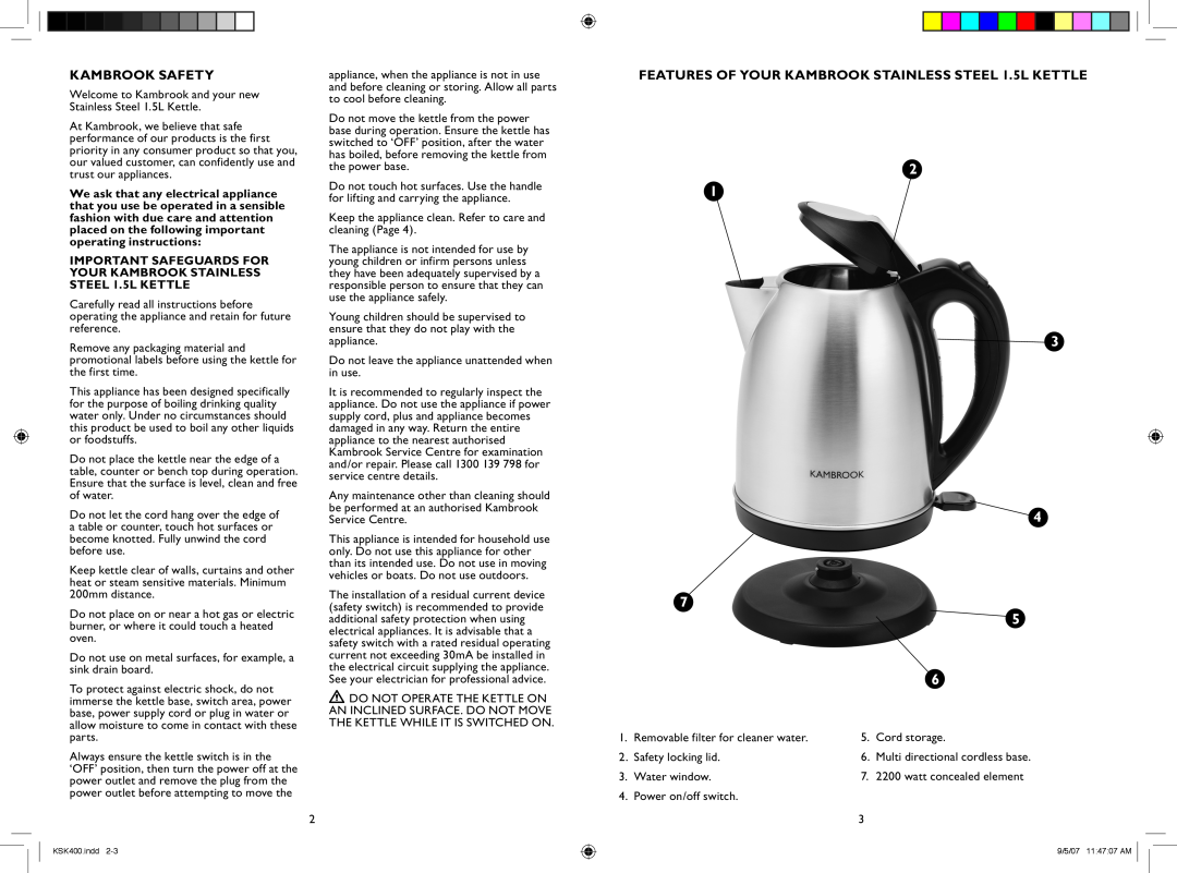 Kambrook KSK400 manual Kambrook Safety, Features of Your Kambrook STAINLESS STEEL 1.5L Kettle 