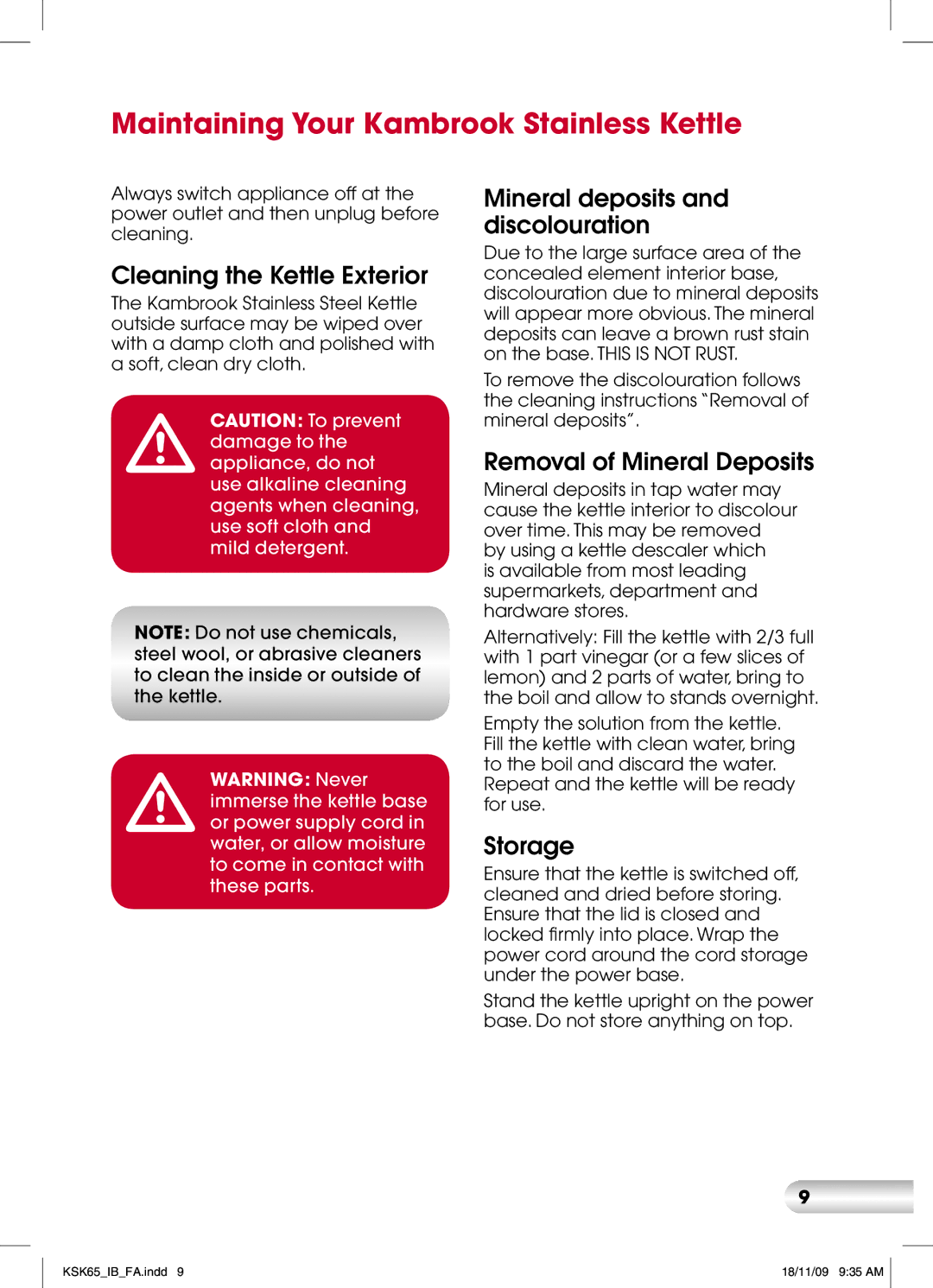 Kambrook KSK65 manual Maintaining Your Kambrook Stainless Kettle, Cleaning the Kettle Exterior, Removal of Mineral Deposits 