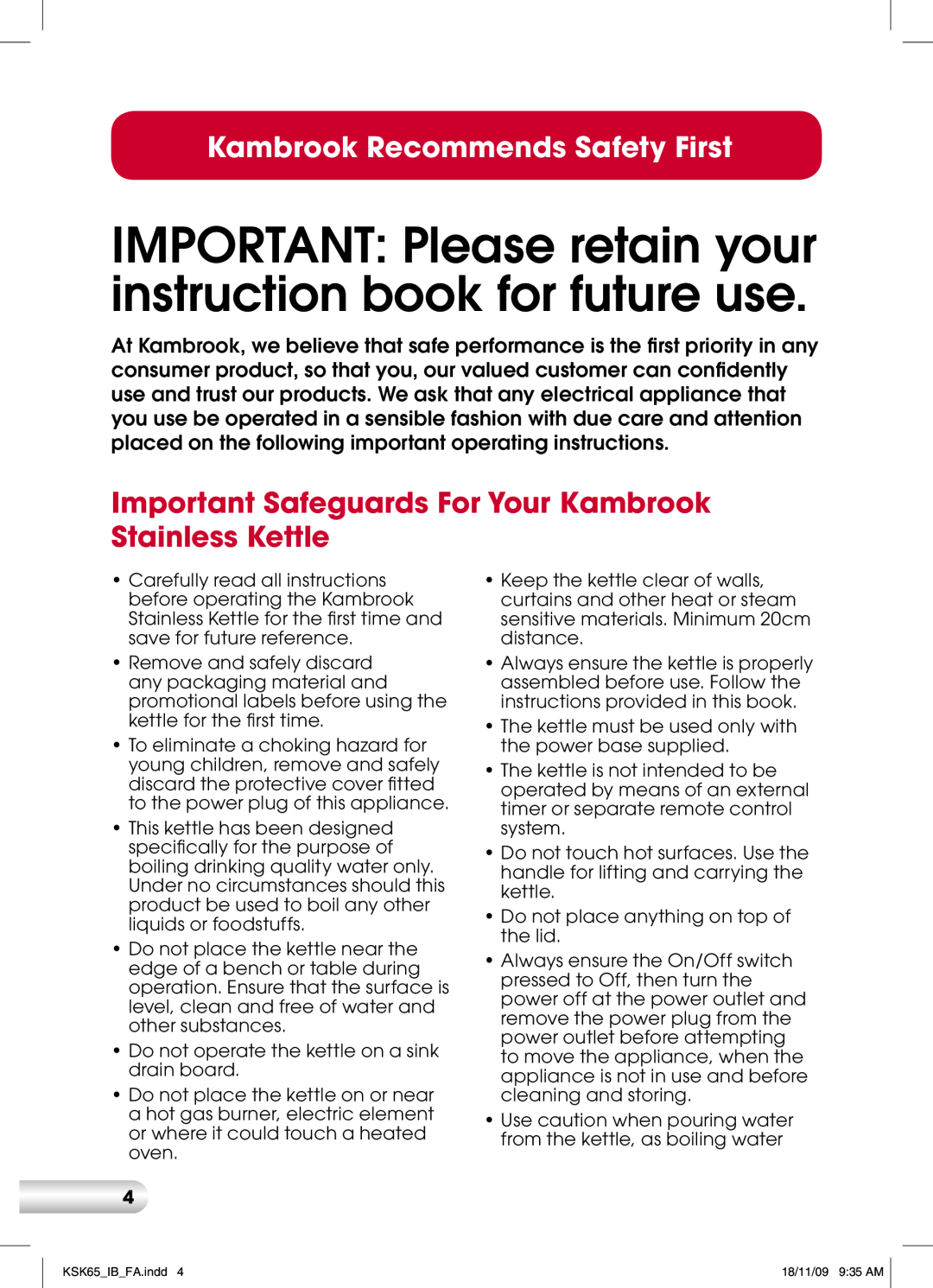 Kambrook KSK65 manual Important Safeguards For Your Kambrook Stainless Kettle, Kambrook Recommends Safety First 