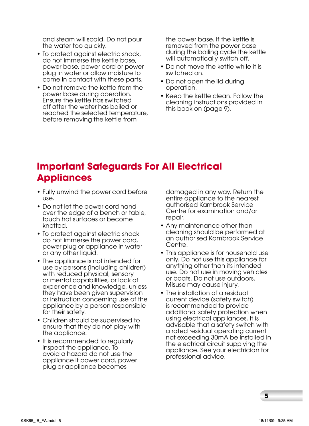 Kambrook KSK65 manual Important Safeguards For All Electrical Appliances 