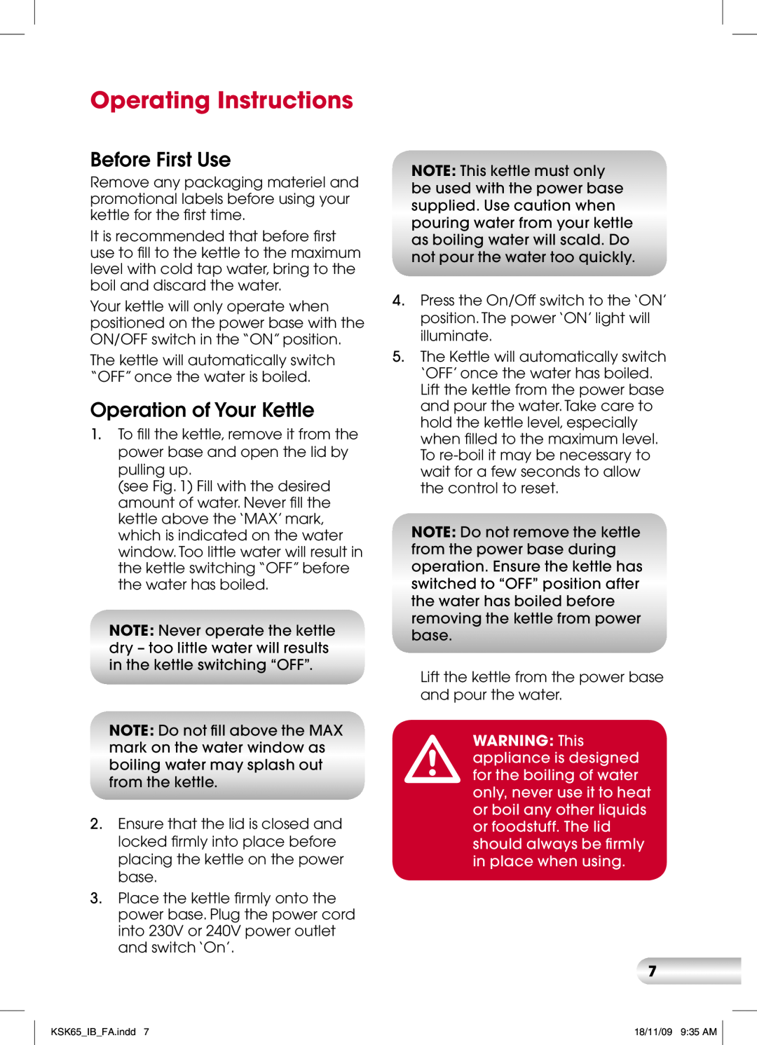 Kambrook KSK65 manual Operating Instructions, Before First Use, Operation of Your Kettle 