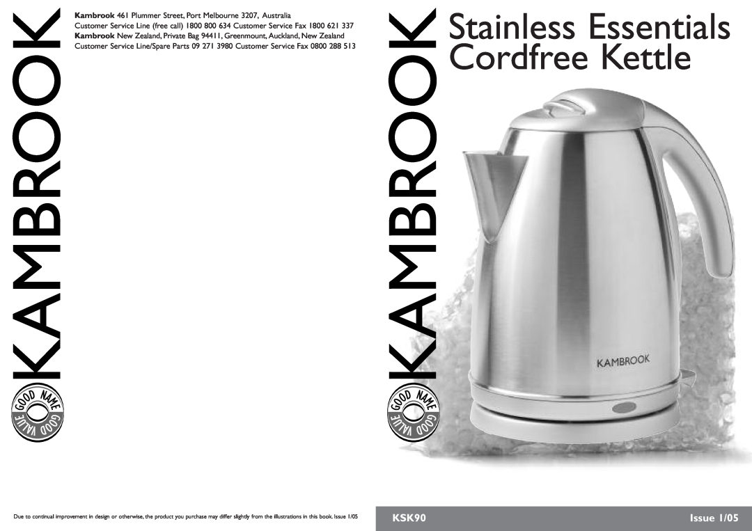 Kambrook KSK90 manual Stainless Essentials Cordfree Kettle, D N, Issue 1/05 